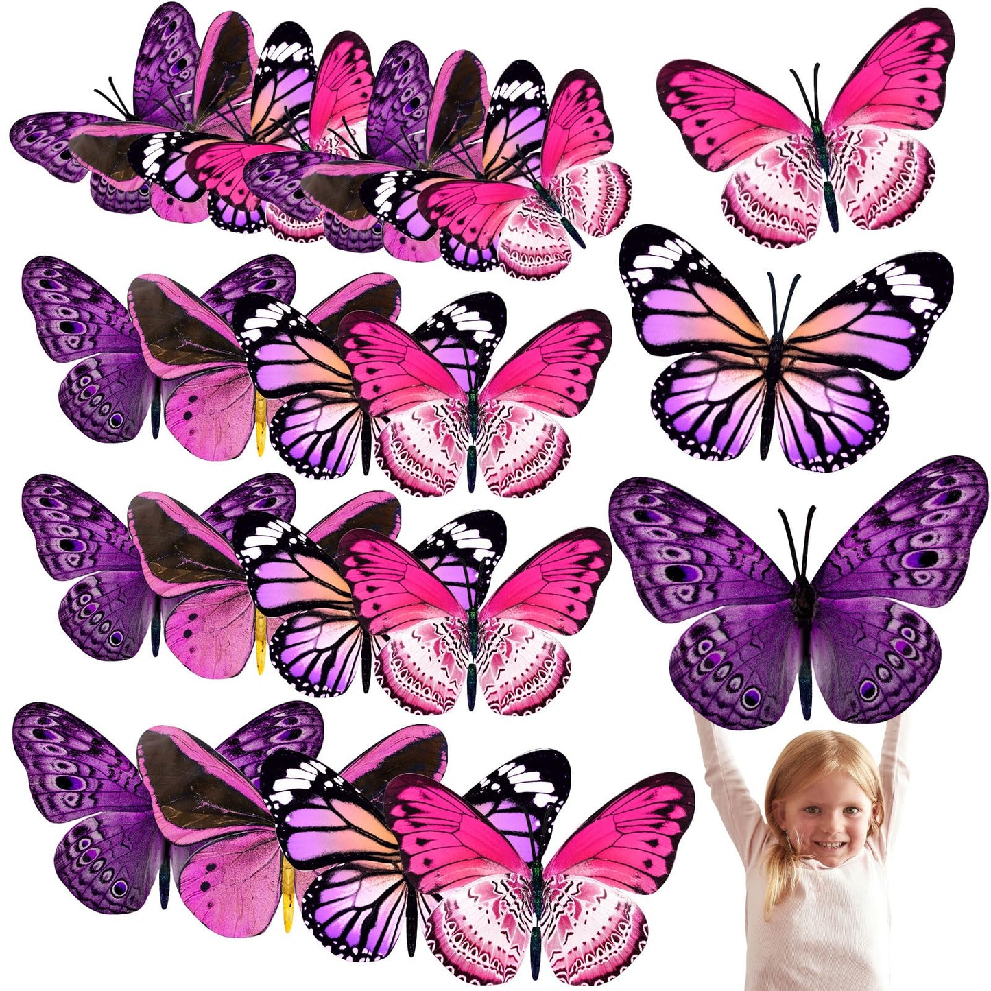 Geosar 20 Pcs 3D Large Monarch Butterfly Party Decoration 2 Layer Giant Paper Butterfly Stickers for Birthday Baby Shower Nursery Wall Decor (Purple,Rose Red)