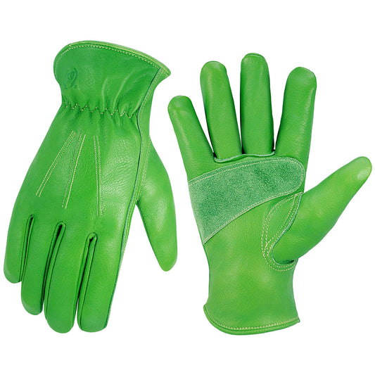 KKOYING Leather Work Gloves for Men & Women, Reinforced Durable Gardening Gloves,Cowhide Work Gloves,Puncture & Cut Resistant (Green, Small)