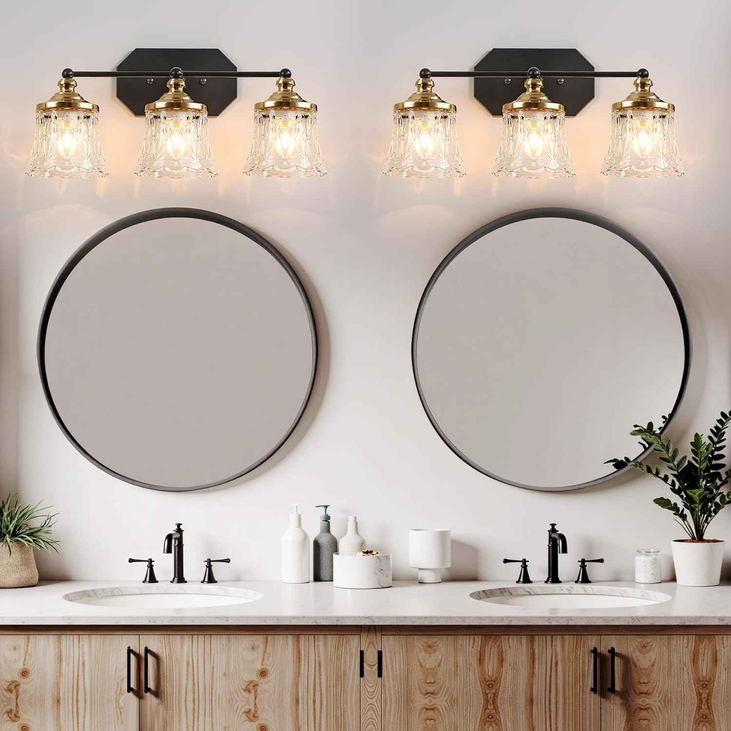 3-Light Vintage Bathroom Vanity Light Fixture - Black & Gold Antique Design with Crystal Glass Shade