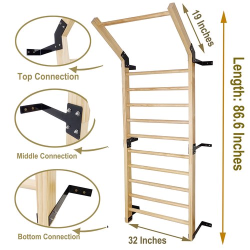 FC FUNCHEER Swedish Ladder,Gymnastics Stall Bar, Wall Mounted Pull Up Bar- Solid Wood With11 Strategic Rods-86.6 Inches Height, 32 Inches Width, Indoor Gym Workout Yoga