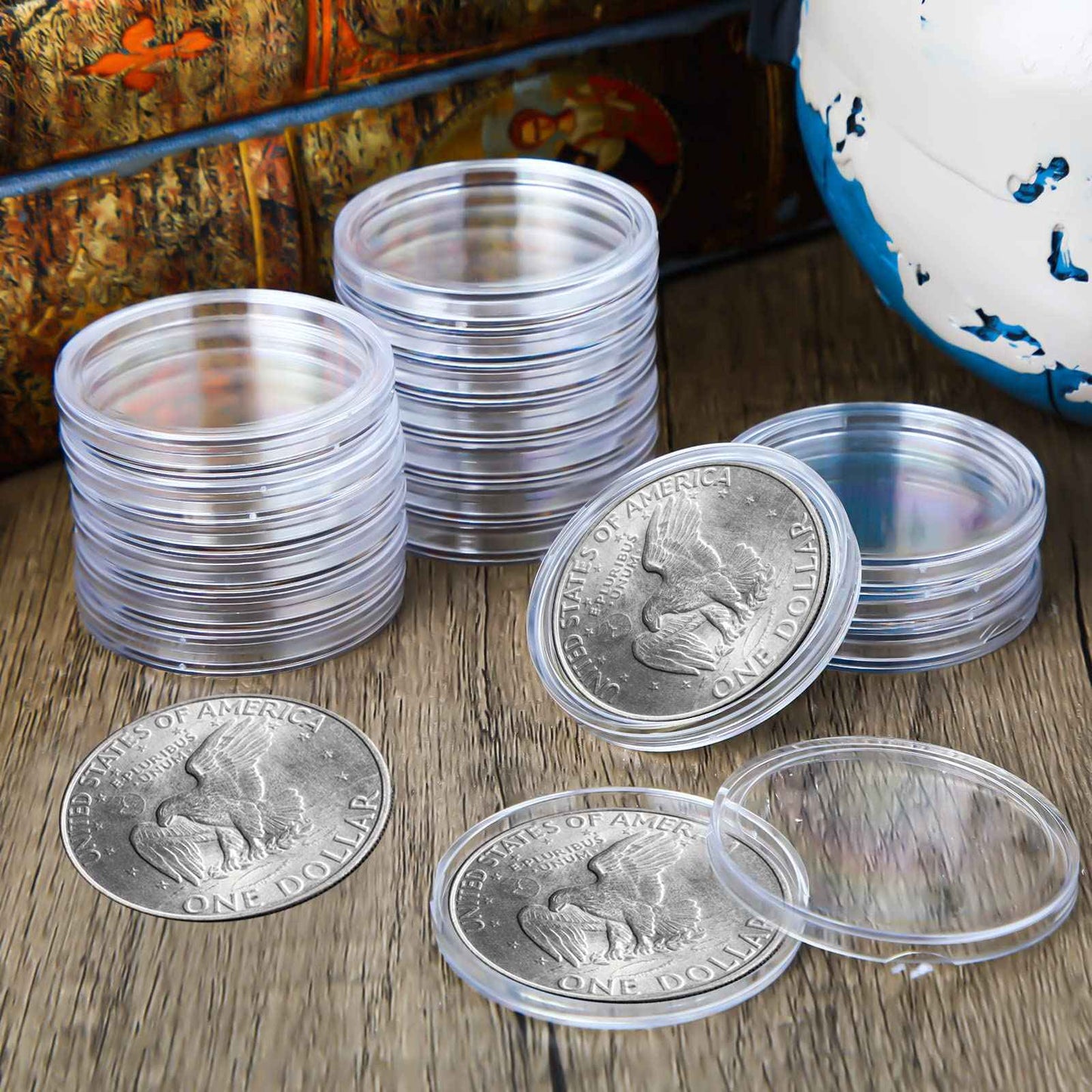 Silver Dollar Coin Case Holder for Collectors 40.6mm Silver Bar Plastic Round Coin Capsules Covers with Storage Organizer Box for Silver Bar Coin Collection Supplies (300)