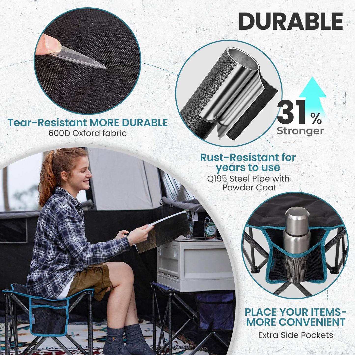 FUNDANGO Oversized Camping Stool for Adults, Thick Padded 18.1 Inch Folding Ottoman Foot Rest, 440 Lbs Heavy Duty Outdoor Camp Chairs with Anti-Slip Foots & Carry Bag for Fishing Lawn Travel (Black)