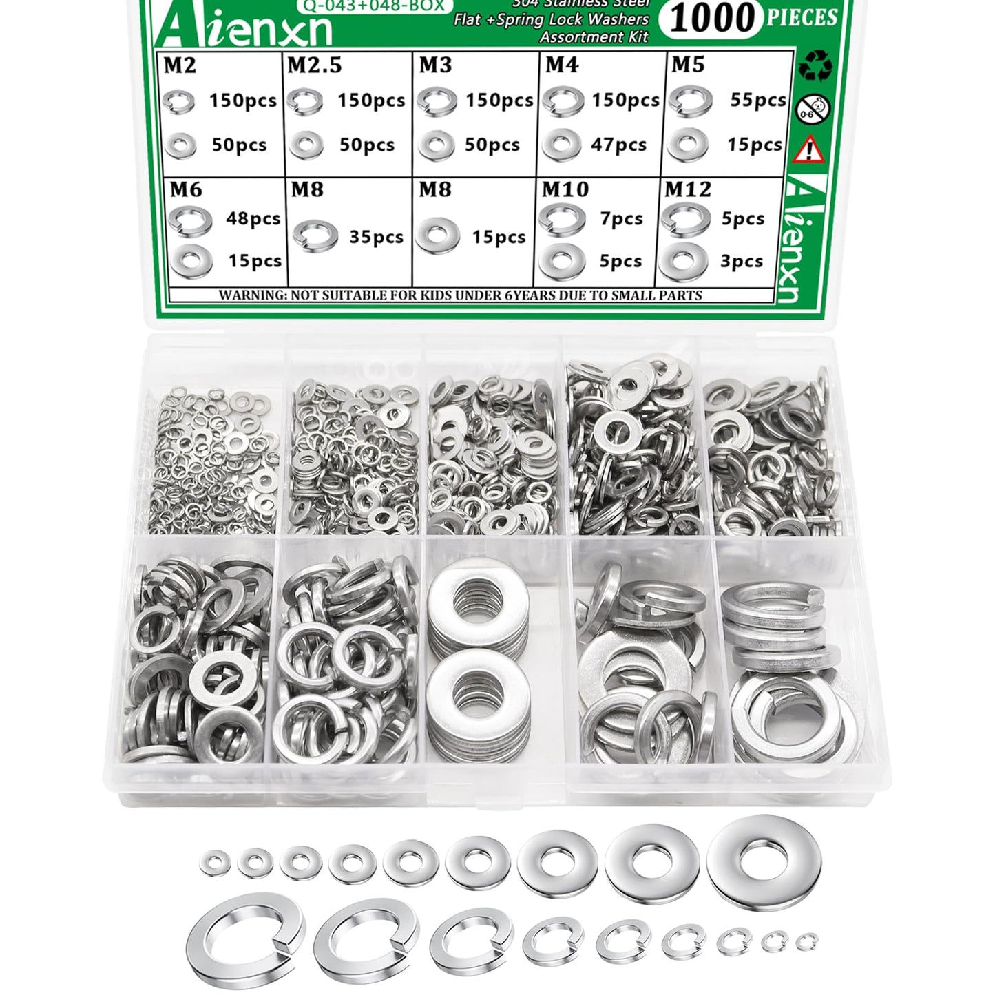 Aienxn 1000PCS Spring Lock Washers Assortment Kit, 9 Metric Sizes -M2, M2.5, M3, M4, M5, M6, M8, M10, M12, 304 Stainless Steel Washers for Bolts Screws, Split Lock Washer Set
