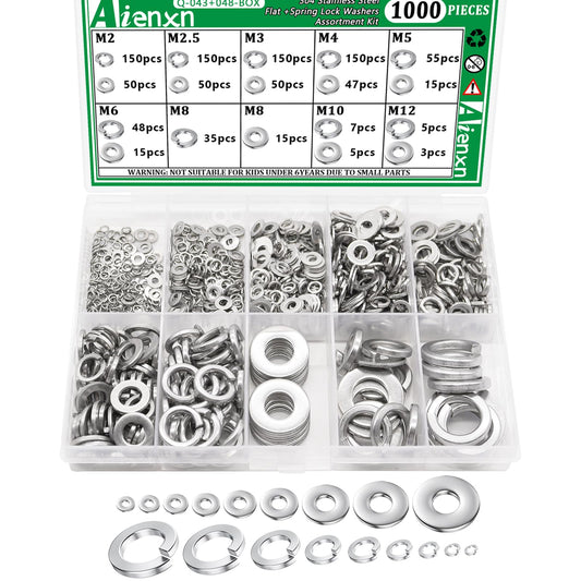 Aienxn 1000PCS Spring Lock Washers Assortment Kit, 9 Metric Sizes -M2, M2.5, M3, M4, M5, M6, M8, M10, M12, 304 Stainless Steel Washers for Bolts Screws, Split Lock Washer Set