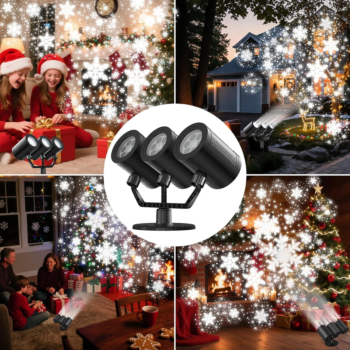 Upgraded Snowflake Christmas Projector Lights - Triple Head LED Outdoor Decor with Timer