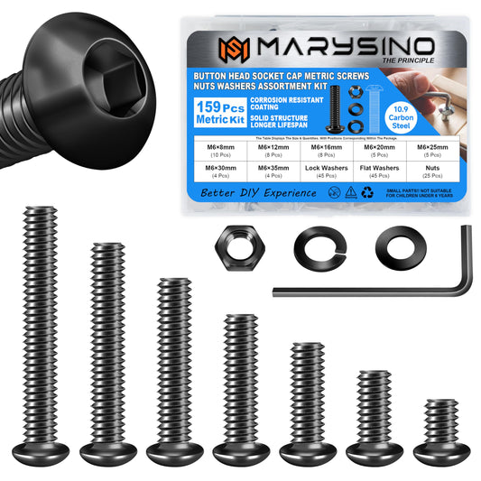 159 Pieces M6 Screw, Button Head Socket Cap Metric Screws Assortment Kit, Grade 10.9 Carbon Steel M6 Bolts and Washers/Nuts/Hex Wrenches, Black Oxided by Marysino