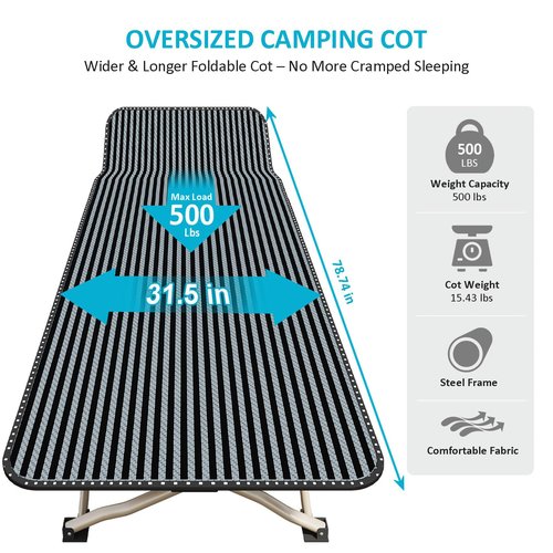 ATORPOK Oversized Camping Cot for Adults, Extra Wide 31.5'' Folding Bed with Carry Bag, Lightweight 500lbs Support, Portable Sleeping Cot for Home, Office, Camping