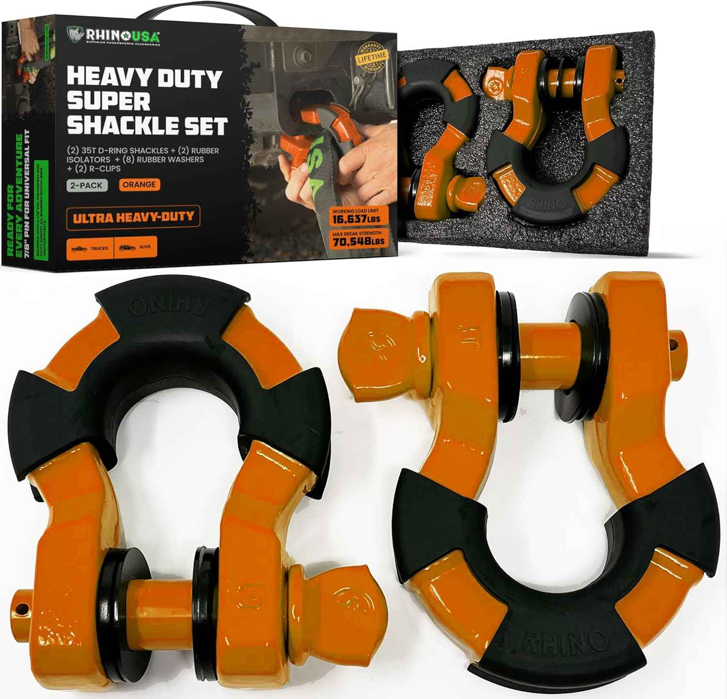 Heavy-Duty Rhino USA Super D Ring Shackles 2-Pack - 70,548lb Break Strength for Towing & Off-Road Recovery (Red)
