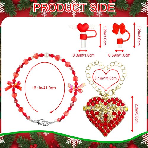 8 Pcs Red Cup Accessories Set for Stanley 30OZ & 40OZ Tumbler with Handle, Red Silicone Boot Water Bottle Handle Strap 2Pcs Straw Covers Heart Charm&Pom-Pom Charm for Stanley Cup