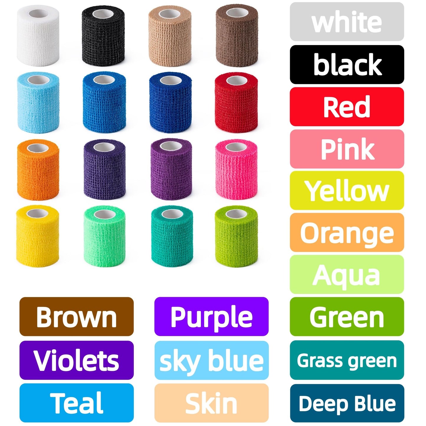 16 Pack Self Adhesive Bandage Wraps,2" X 5 Yards Non-Woven Elastic Cohesive Bandage Wrap, Color Athletic Tape for Wrist, Vet Wrap, Ankle Tape (Multicolour)