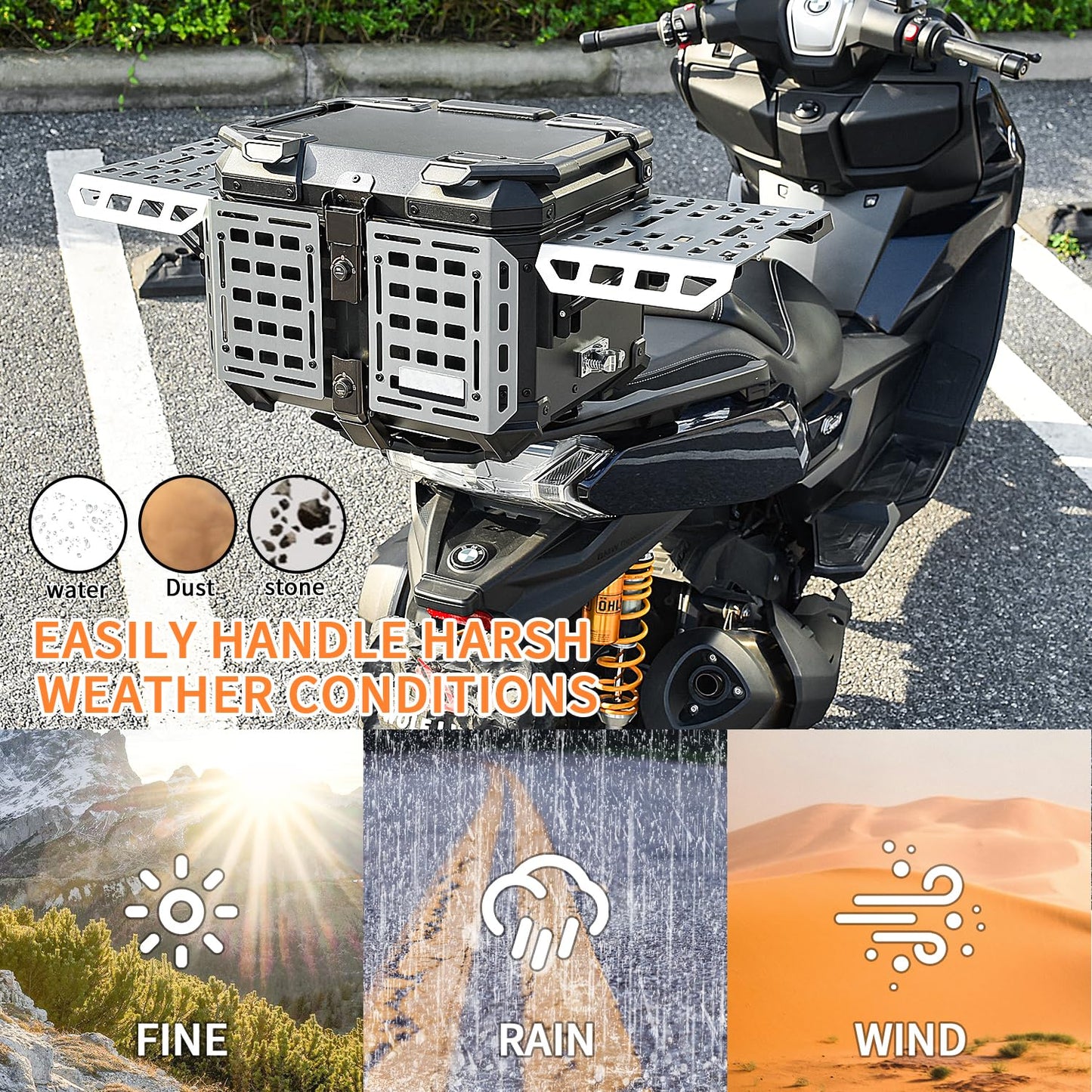 Motorcycle Top Case 45L Universal Aluminum Tail Helmet Box with Base Plate Security Lock Backrest Cargo Storage Baggage Carrier Luggage Rear Parcel Trunk (Black)