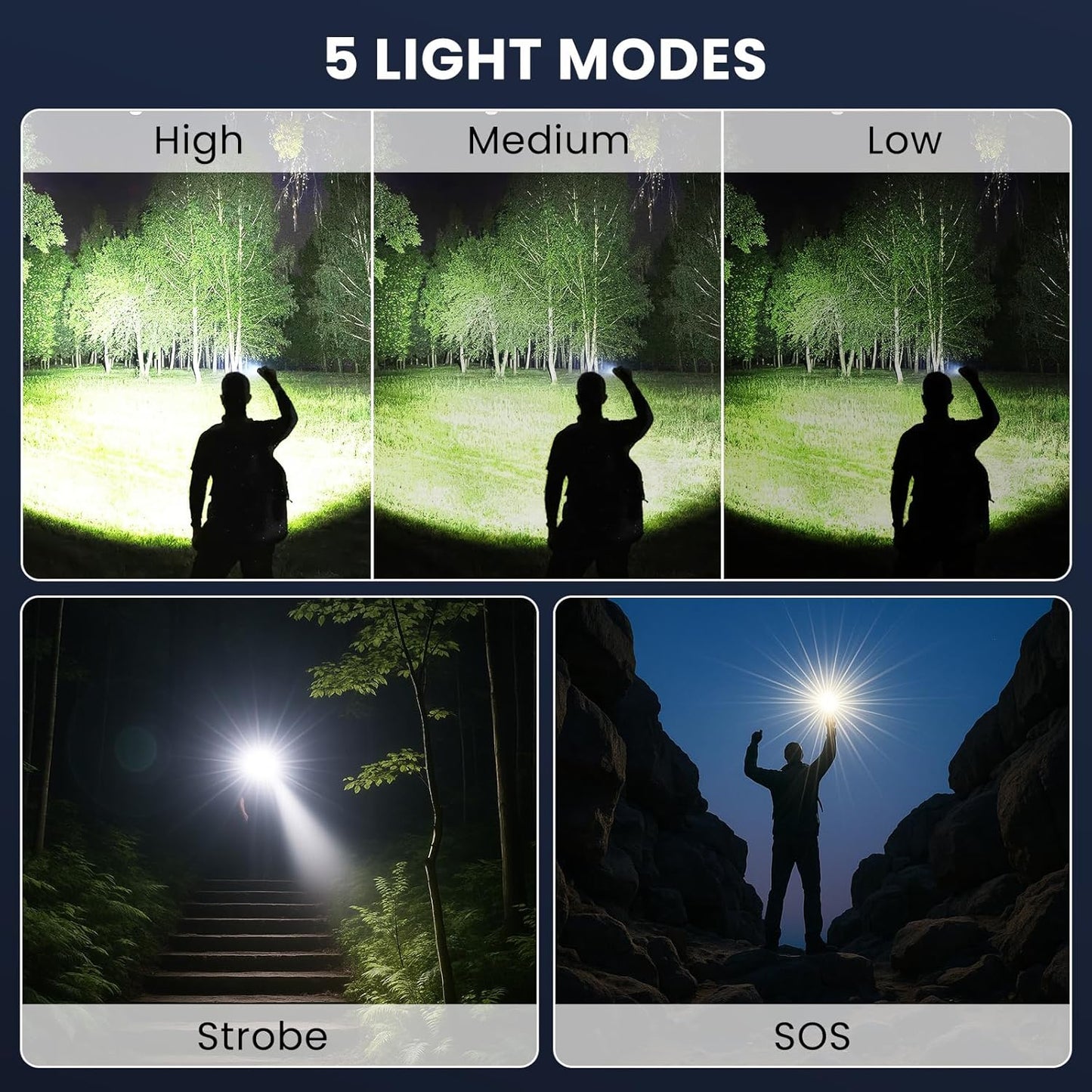 Super Bright Rechargeable LED Flashlights 90,000 Lumens - 2 Pack, 5 Modes for Camping, Hiking & Home Use