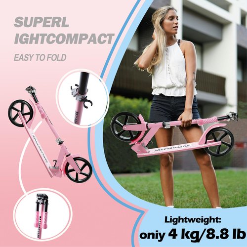 Kick Scooter for Kids Ages 6+, Teens & Adults, Adjustable Handlebars, Rear Brake, Big Wheel Foldable Scooter for Indoor & Outdoor