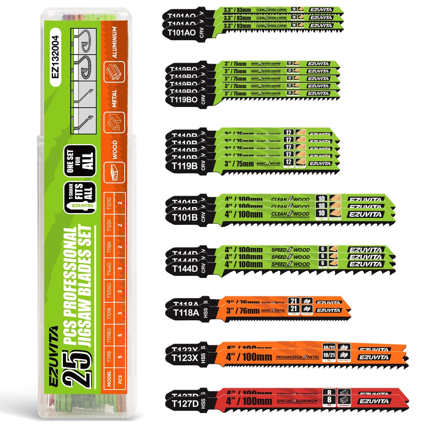 EZUVITA 25-Piece Jigsaw Blades Set with Storage Case–CR-V&HSS Steel, Assorted T-Shank Replacement Jig Saw Blades for Cutting Wood, Plastic and Metal