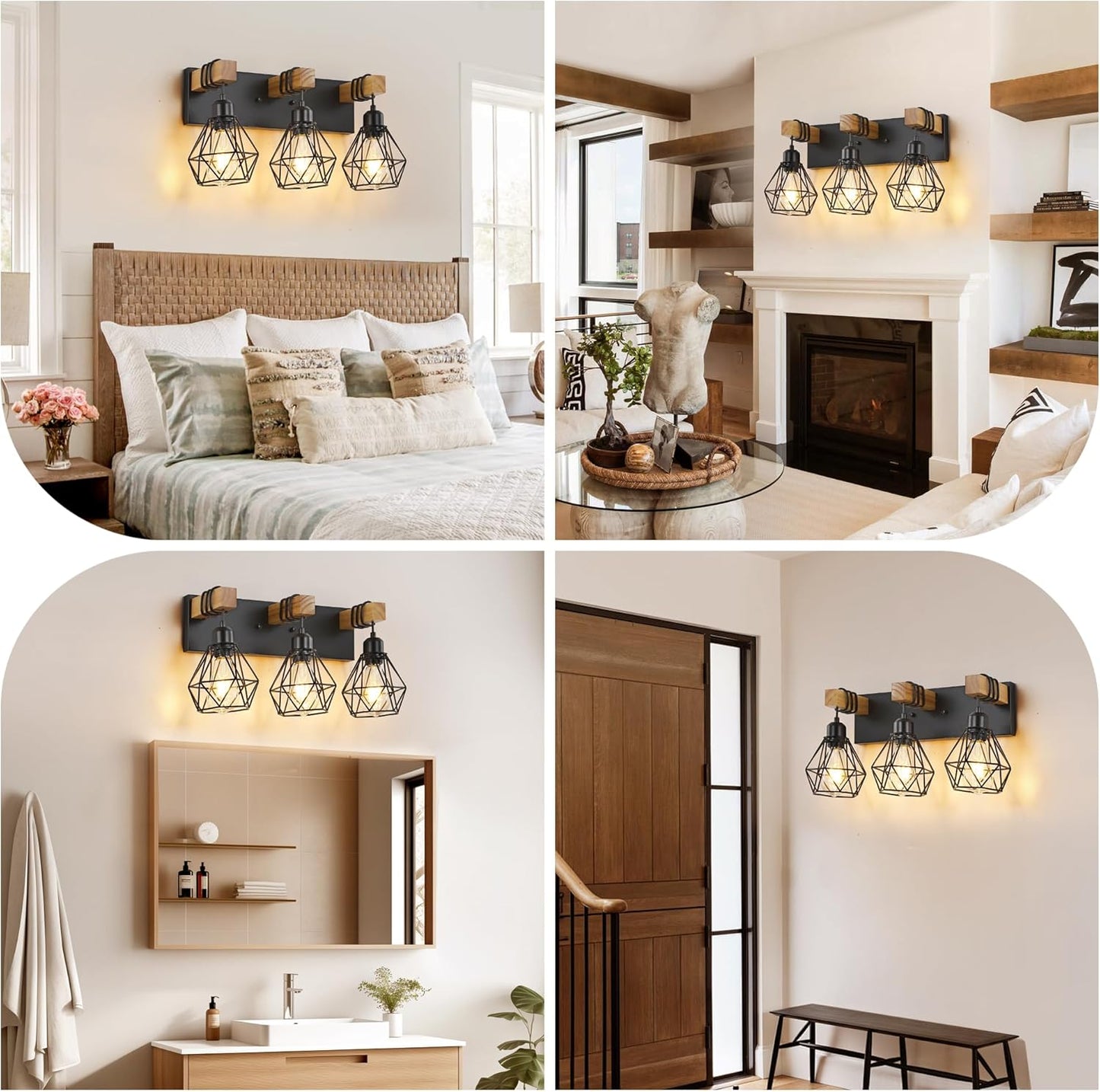 Farmhouse 3-Light Bathroom Vanity Light Fixture - Rustic White Wood Sconces for Mirror