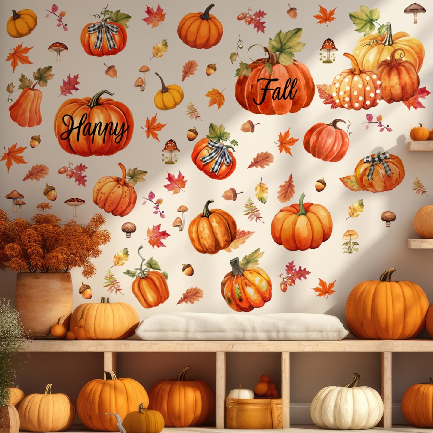 Eersida 6 Sheets 89 Pcs Fall Wall Stickers Oil Painting Pumpkin Wall Decals Maple Leaves Decals Stickers for Autumn Glass Thanksgiving Home Decor and Fall Decoration Kitchen Living Room