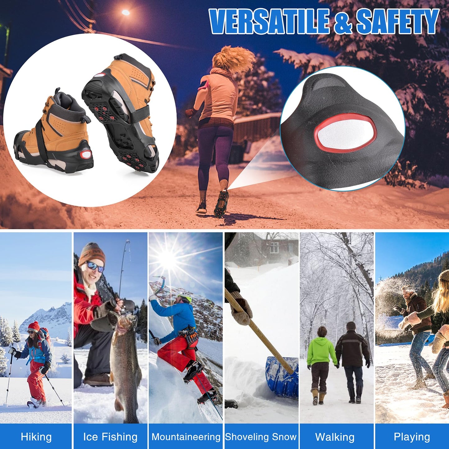 Ice Cleats Tungsten Crampons, Anti Slip Shoes Grippers with Reflective Heel, Ice Snow Cleats for Shoes and Boots Men Women Slip-on Overshoes Stretch Footwear, Size M