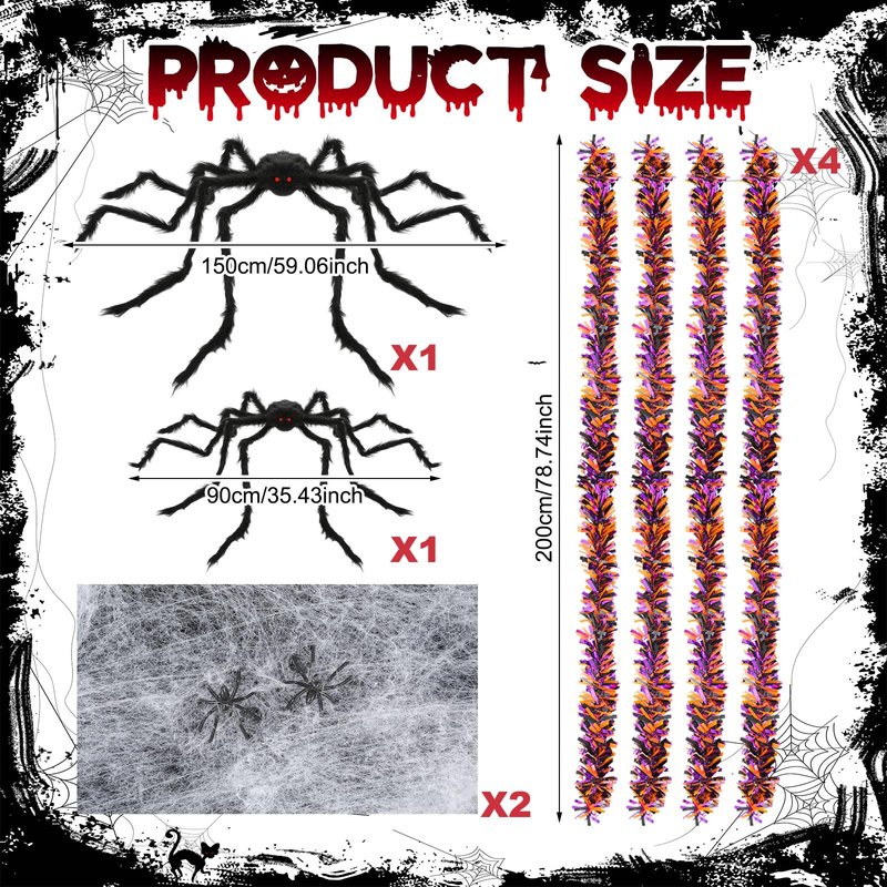 WinnerWhy Halloween Golf Cart Decorations Kit 2 Pcs Giant Spider 4 Pcs Orange Black Purple Garlands with 2 Pack Spider Webs Spooky Golf Cart Decor for Halloween Trunk or Treat Parade