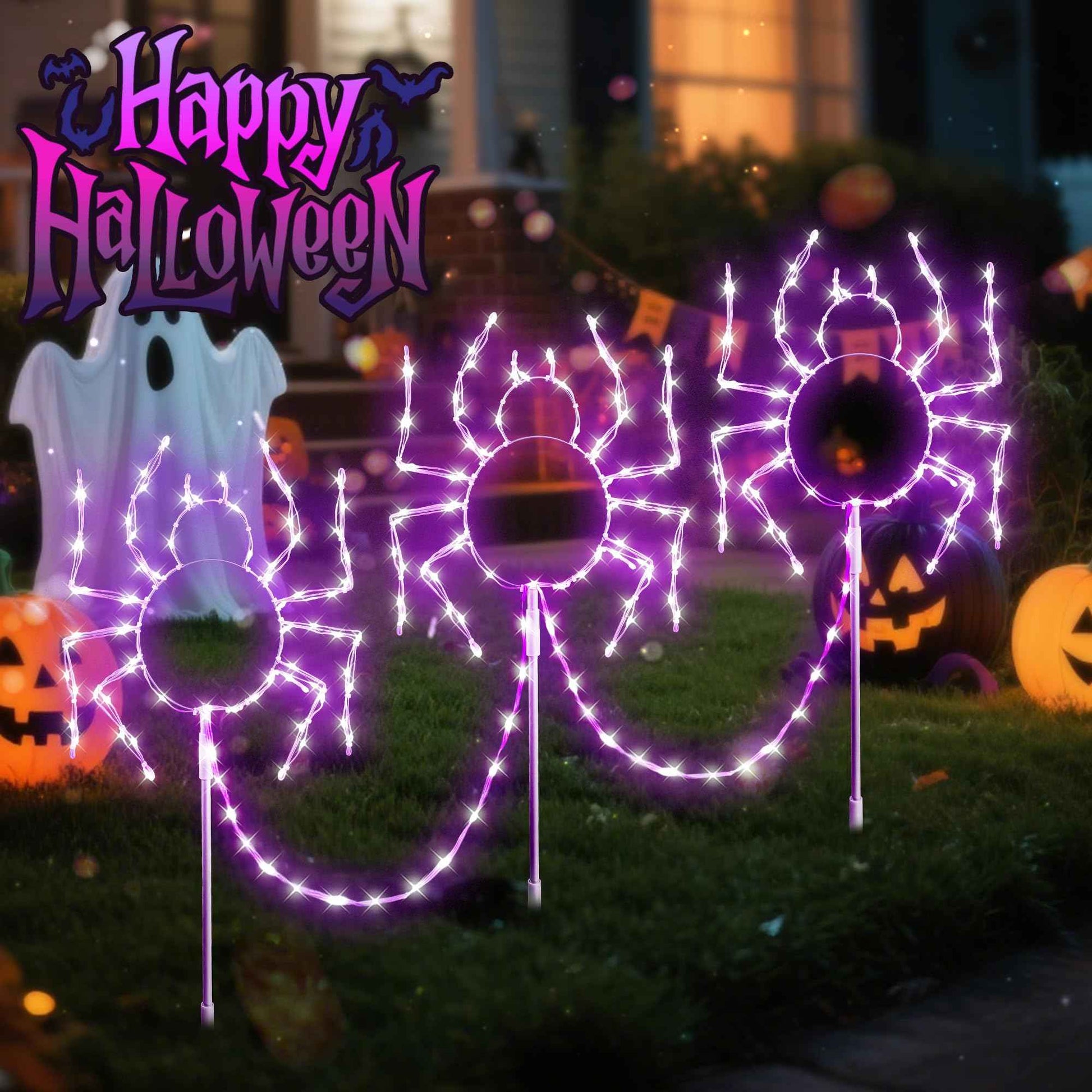 MYGOTO Halloween Spider Pathway Lights, 3 Pack 250 LED Purple Decorations Outdoor Metal Stake Lights, 8 Modes Memory Timer Waterproof Plug in Light String for Walkway Yard Lawn Garden Halloween Décor
