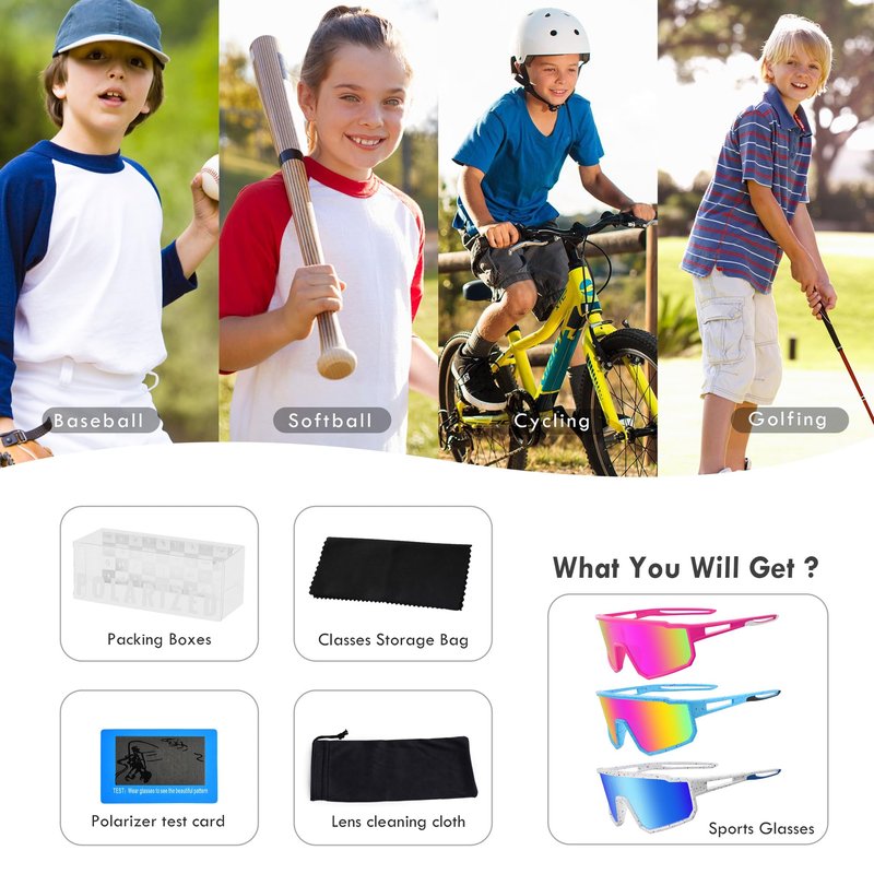 Derowern 3 Pack Kids Baseball Polarized Sunglasses Sports TR90 Lightweight Frame Sun Glass for Boys Girls Age 6-14 Softball Cycling
