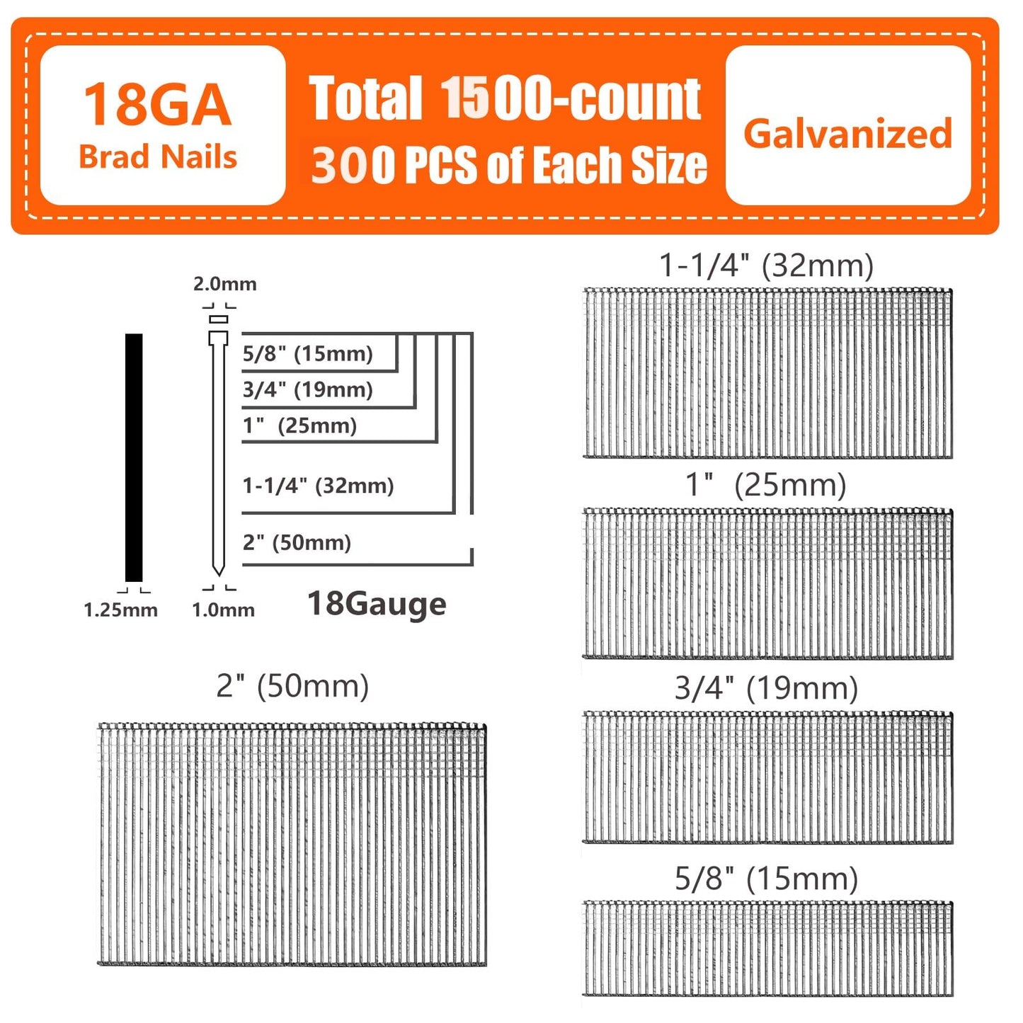 SITLDY 18 Gauge Galvanized Brad Nails Brown T-head 5 Sizes 1500-Pack (5/8"+3/4"+1"+1-1/4"+2"),300 per size, Assorted Size Project Pack, for Pneumatic, Electric 18GA Brad Nailer Gun
