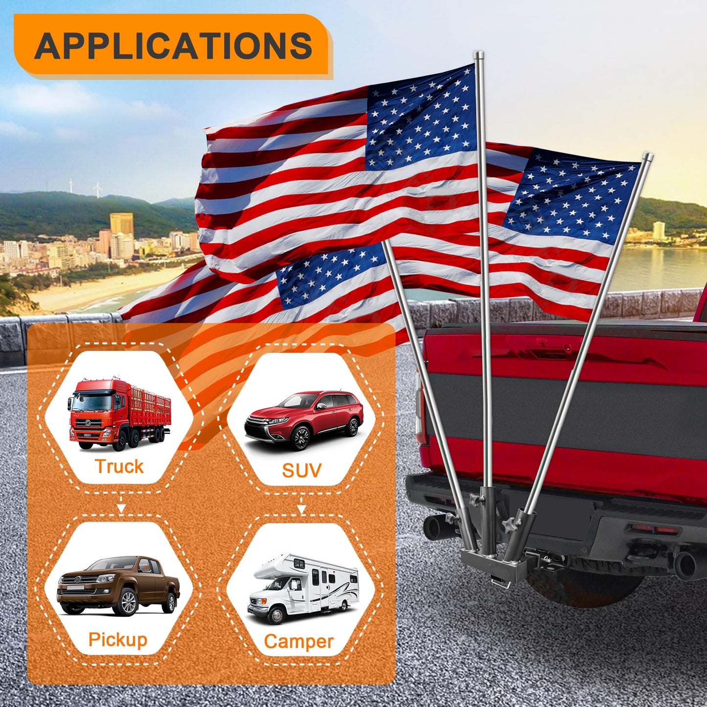 KAIRAY Foldable Hitch Mount 3 Flag Pole Holder Three-Headed flagpole Universal for Standard 2 inch Receiver fit for SUV RV Pickup