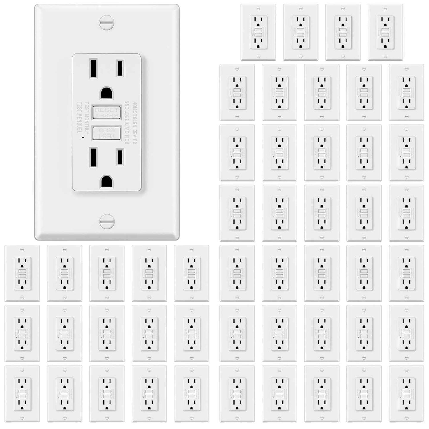GFCI Outlets 10 Pack - 15 Amp Decor Receptacles with LED Indicator & Wallplate
