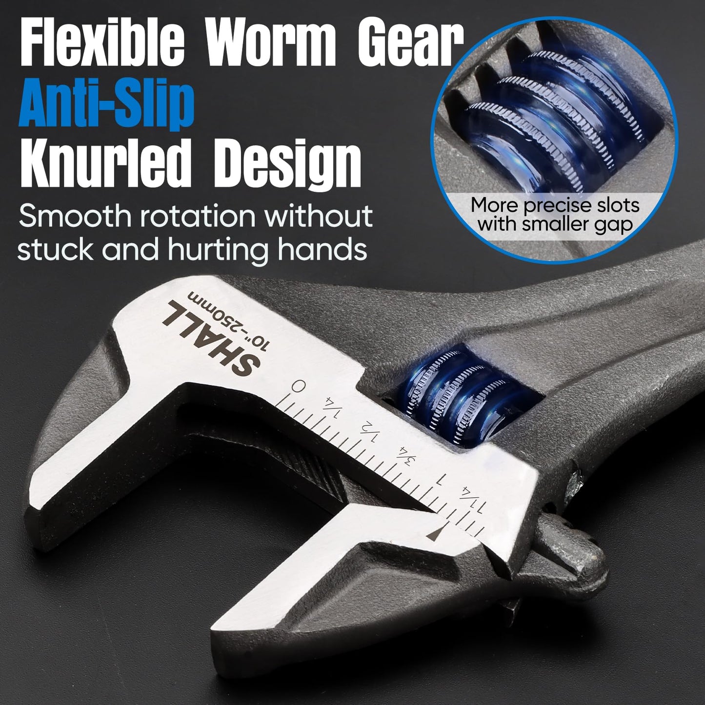 SHALL 10 Inch Adjustable Wrench, Cr-V Steel Spanner with Cushion Grip, Wide Jaw Black Oxide Wrench with Laser-etched SAE Scales for Home, Garage, Workshop and DIY