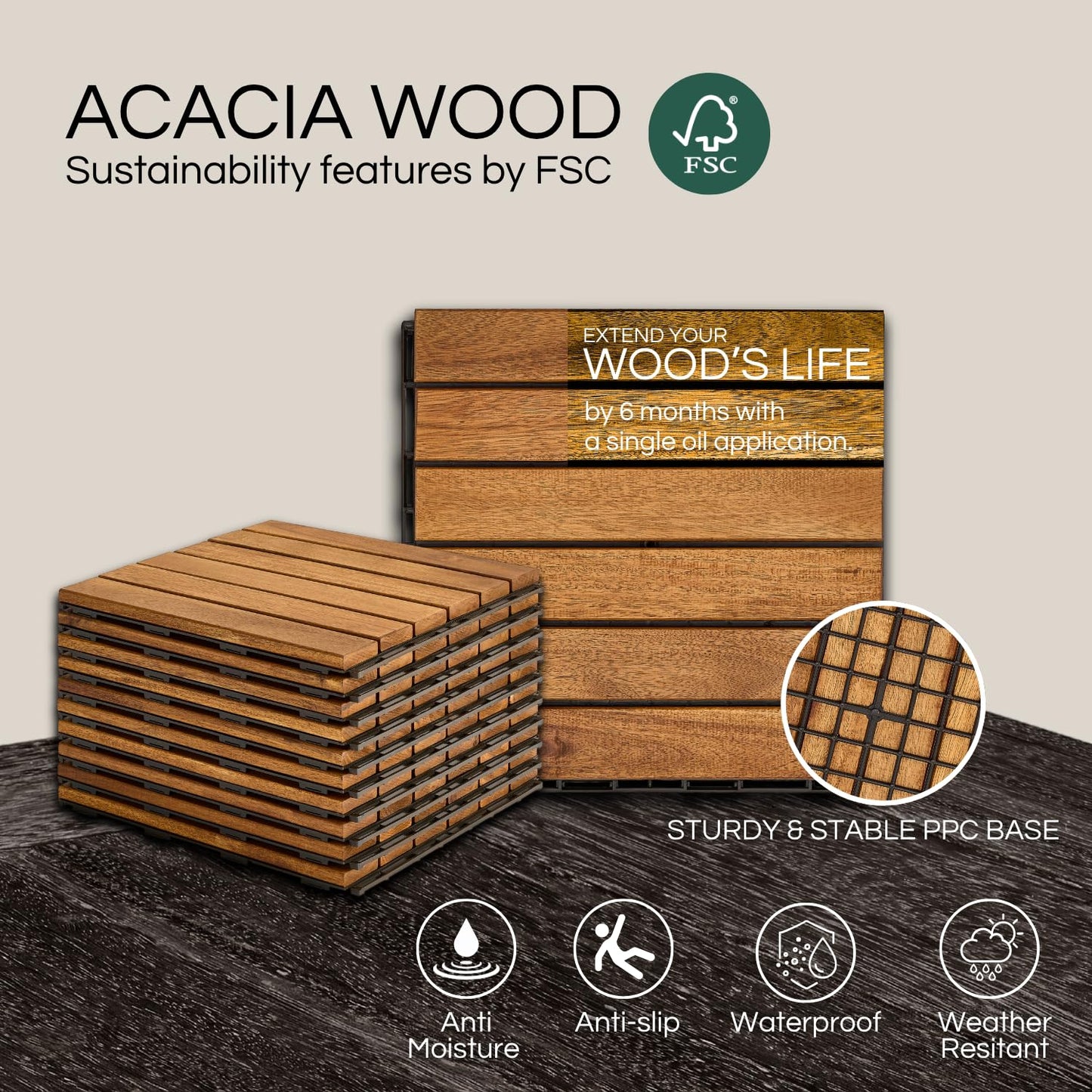 Outdoor Waterproof Acacia Wood Deck Tiles - 10 Pcs Patio Flooring for All Weather Use