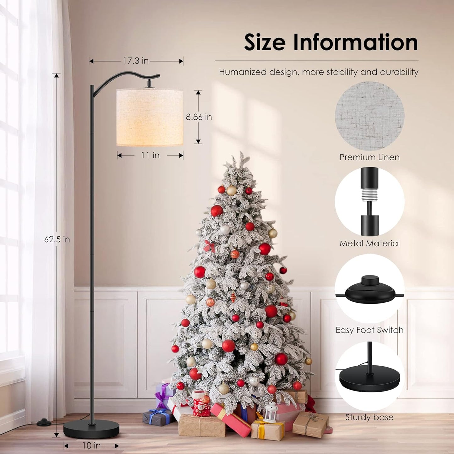 Modern LED Floor Lamp with Bohemian Linen Shade – Arched Tall Standing Light for Living Room & Bedroom