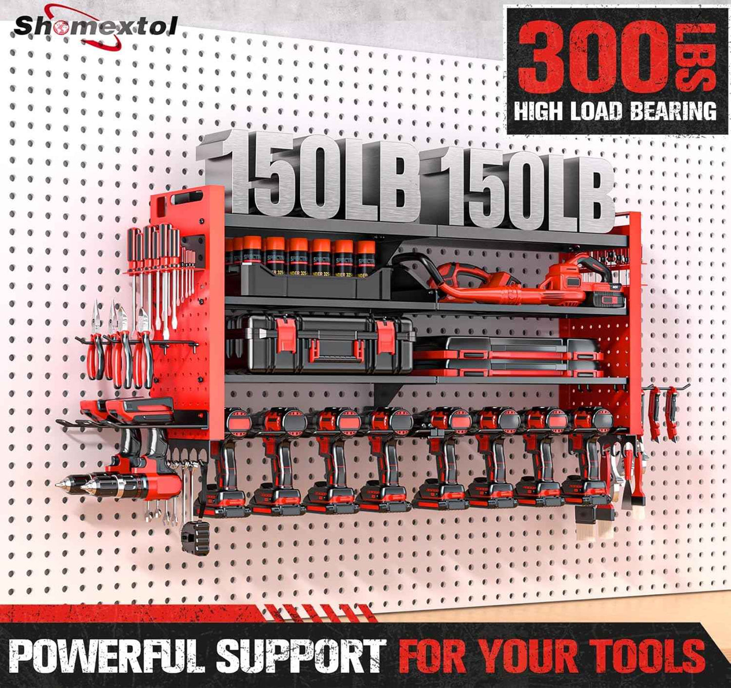 Heavy Duty Wall Mount Power Tool Organizer with Charging Station & 10 Drill Holders
