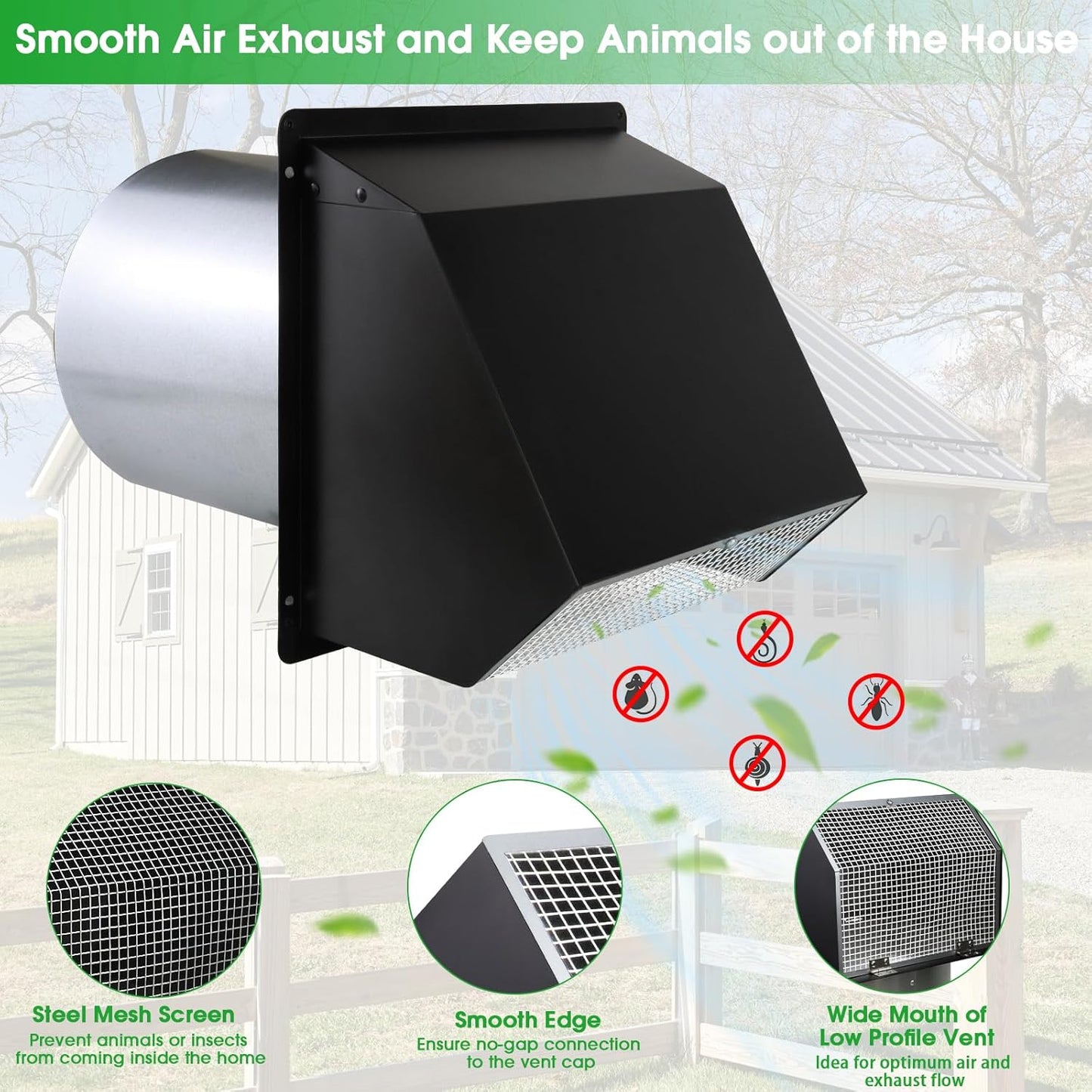 5-Inch Exterior Dryer Vent Cover with Screen & Damper - Galvanized Steel, Black