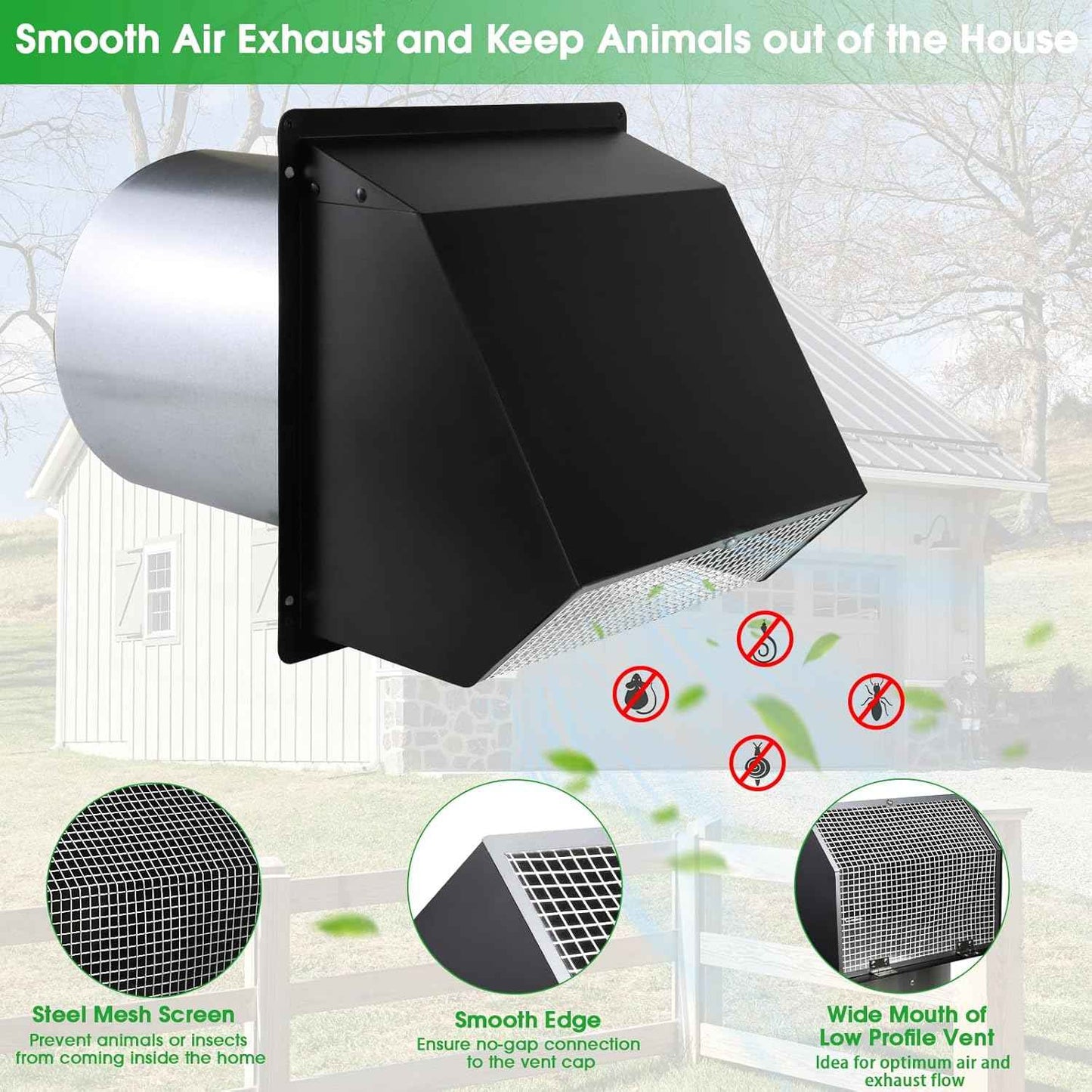 5-Inch Exterior Dryer Vent Cover with Screen & Damper - Galvanized Steel, Black
