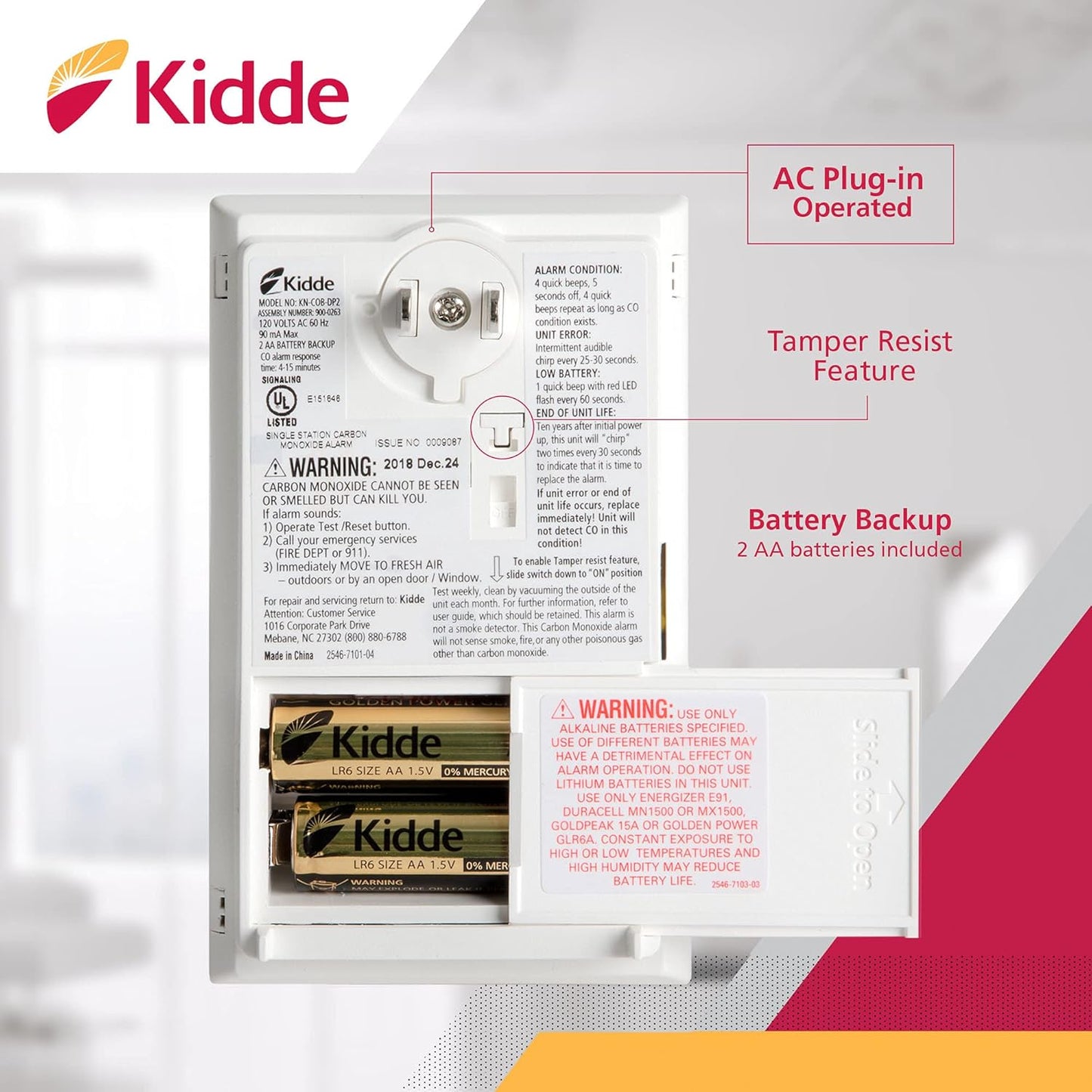Kidde Plug-In Carbon Monoxide Detector with Battery Backup & Test-Hush Button