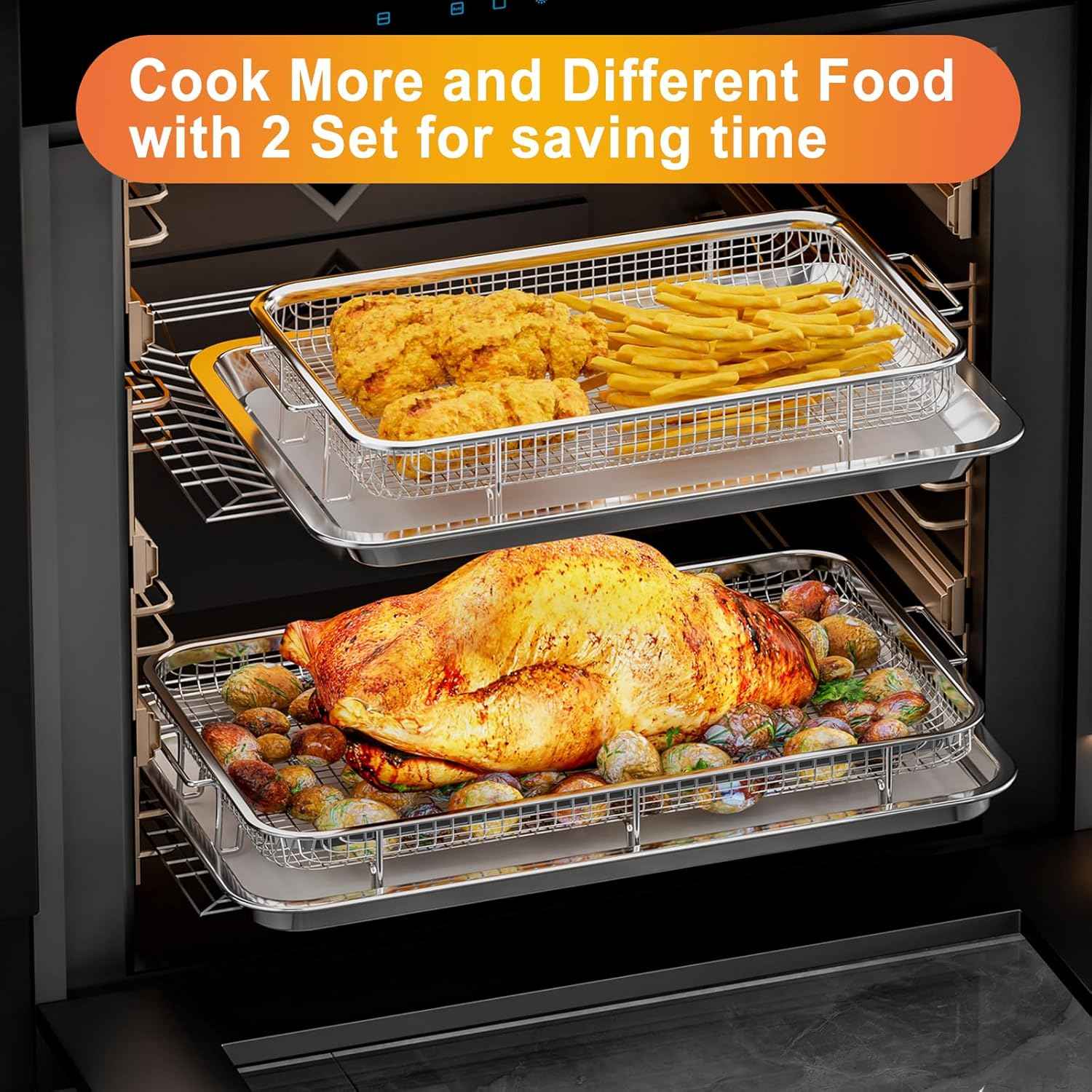 Air Fryer Basket Set with Parchment Papers - Non-Stick Stainless Steel Trays (2 Sizes)