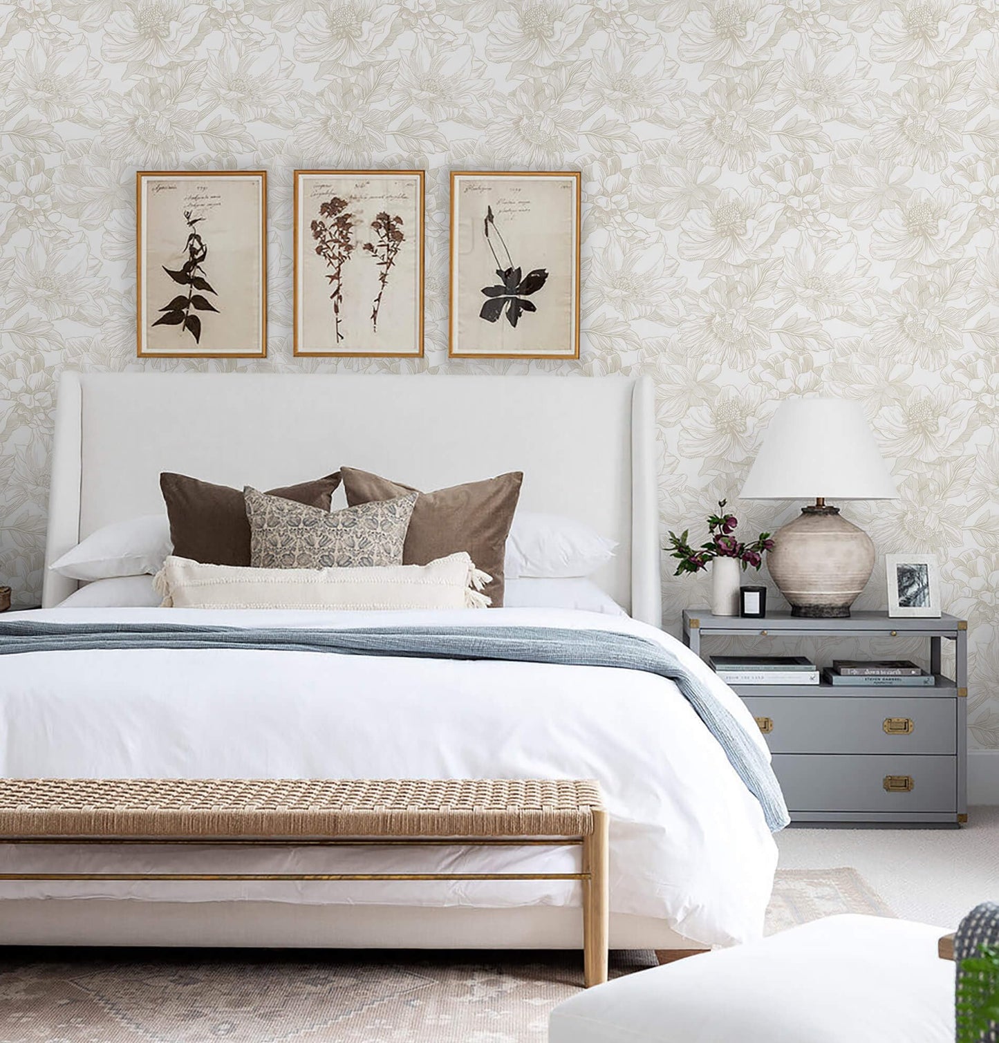 Ismoon Large Floral Peel and Stick Wallpaper Boho Beige Contact Paper 17.3inx6.5ft Neutral Wall Paper Removable Self Adhesive Wallpaper Bedroom Cabinet Bathroom Waterproof Mural Wall Decor Vinyl Roll