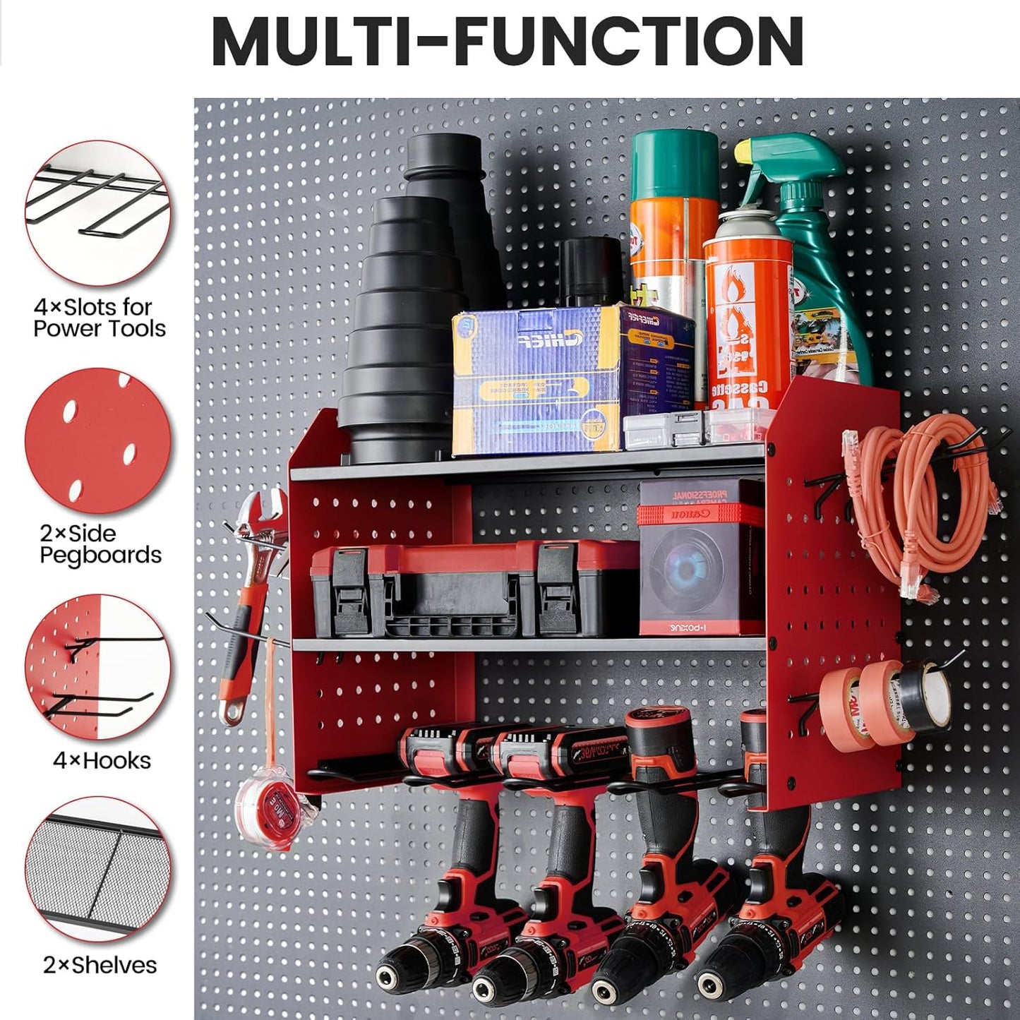 Power Tool Organizer Wall Mount - 3-Layer Charging Station with 8 Outlets & 6 Drill Holders - Efficient Garage Storage Solution (Black)