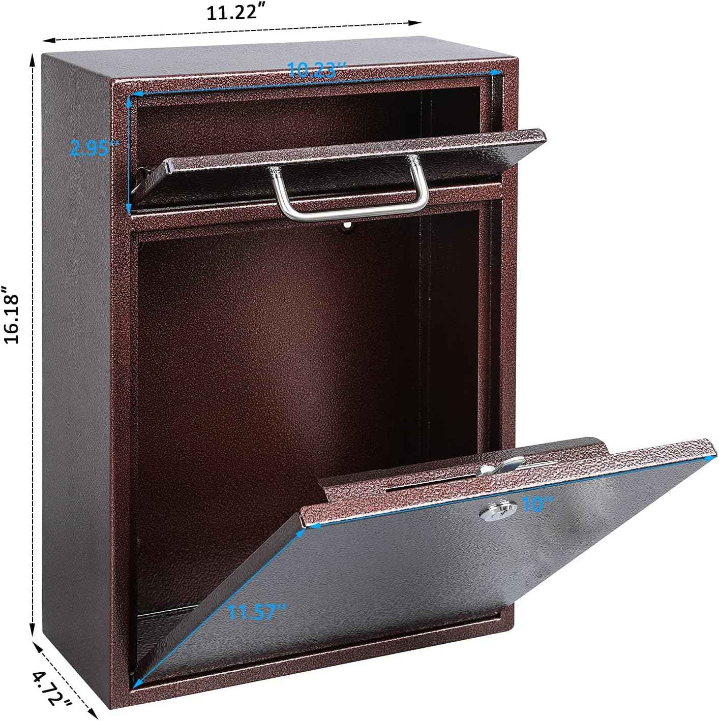 Secure Wall-Mount Mailbox with Lock | KYODOLED Large Steel Drop Box, Black, 16.2H x 11.22L x 4.72W
