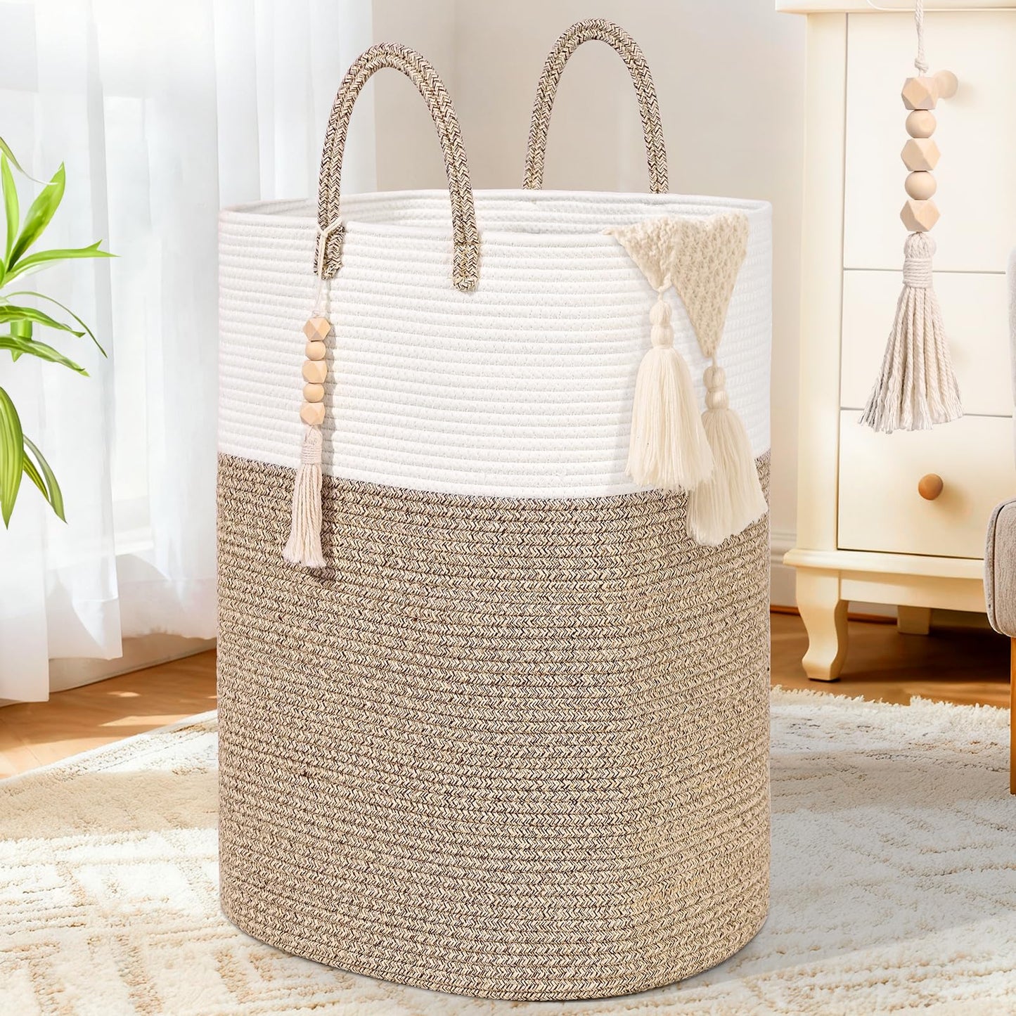 65L Woven Laundry Basket for Clothes, Large Rectangle Laundry Hampers with Beads Tassel, Nursery Storage Basket for Toys, Tall Dirty Clothes Hamper for Bedroom Aesthetic, Laundry Room Organization