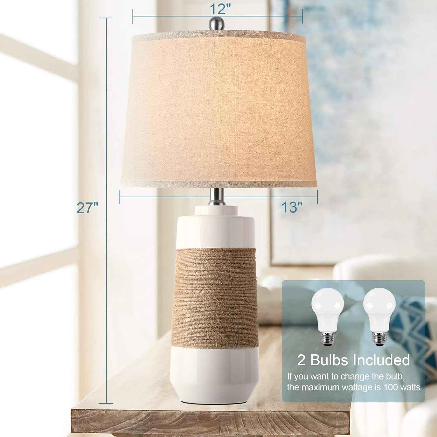 Set of 2 White Boho Ceramic Coastal Lamps with Rope - Nautical Bedside & Living Room Lighting