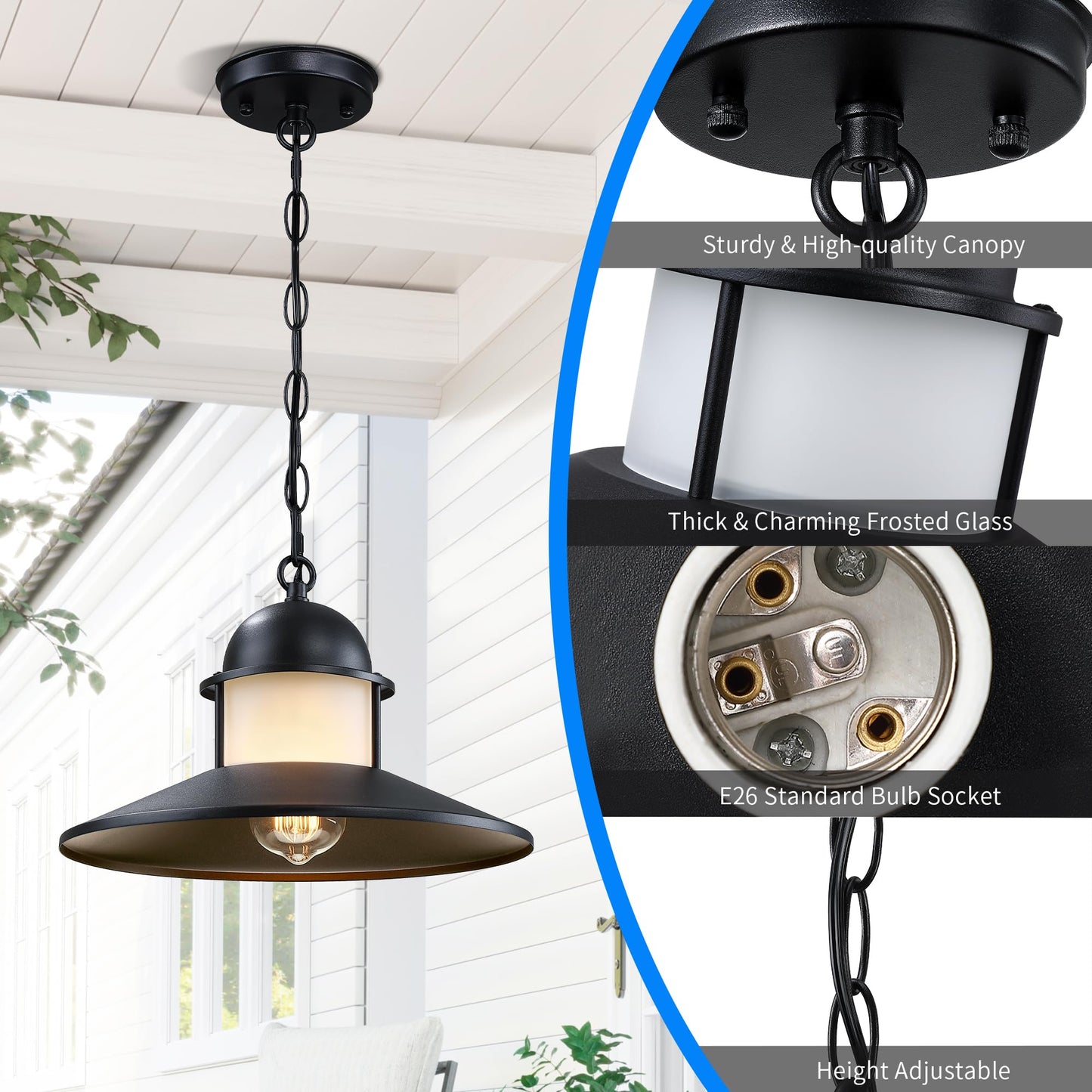 DOCIUEON Outdoor Pendant Light 2 Pack, Modern Outside Chandelier Outdoor Hanging Lantern Light in Matte Black with Frosted Glass, Exterior Pendant Lighting Fixture Ceiling Mount for Porch Patio Gazebo