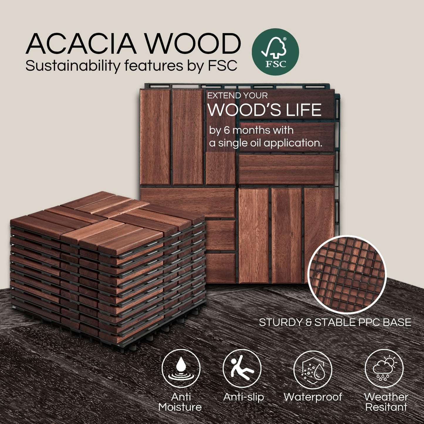 Outdoor Waterproof Acacia Wood Deck Tiles - 10 Pcs Patio Flooring for All Weather Use