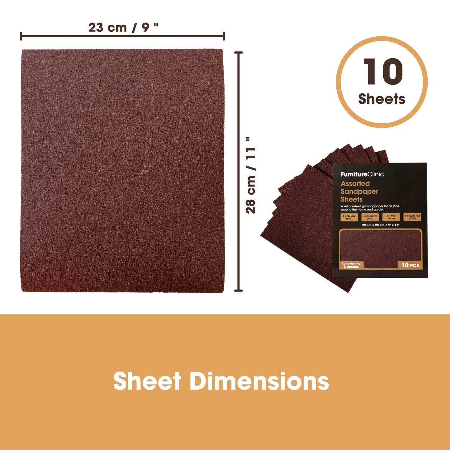 Furniture Clinic Pack of 10 Sandpaper Sheets for Wood, Walls, Metal and Furniture - for Hand, Sanding Block or Sander Use - 2 x Coarse, 4 x Medium, 4 x Fine Grades (P40, P80, P120, P240)