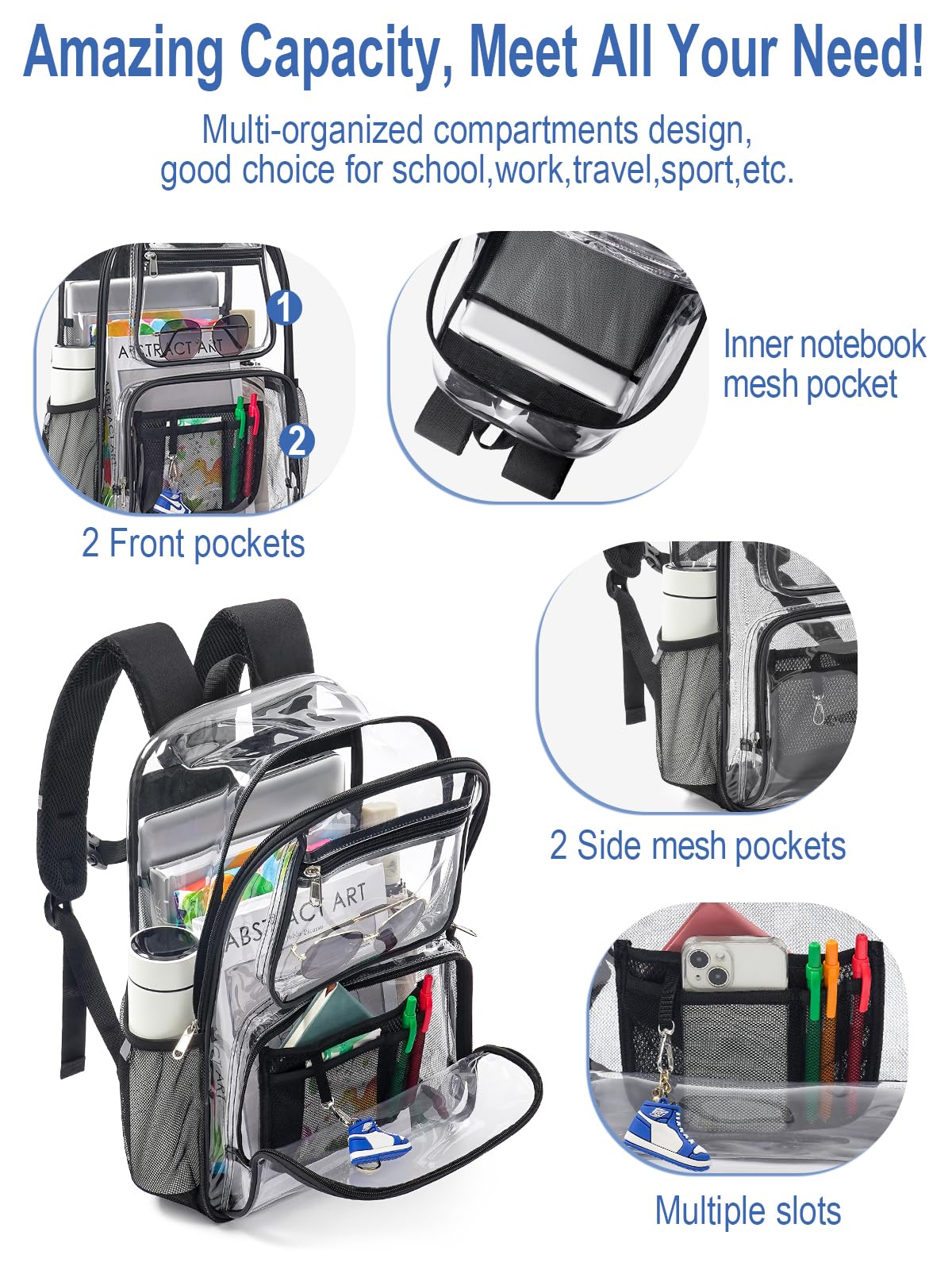 QOECI Heavy Duty Clear Backpack For Kids Women Men Boys Girls, 17 Inch Large See Through Backpack, 360° 3M Reflective Strips Clear Bookbag, Transparent Bag For School College Sport Work Travel, Black