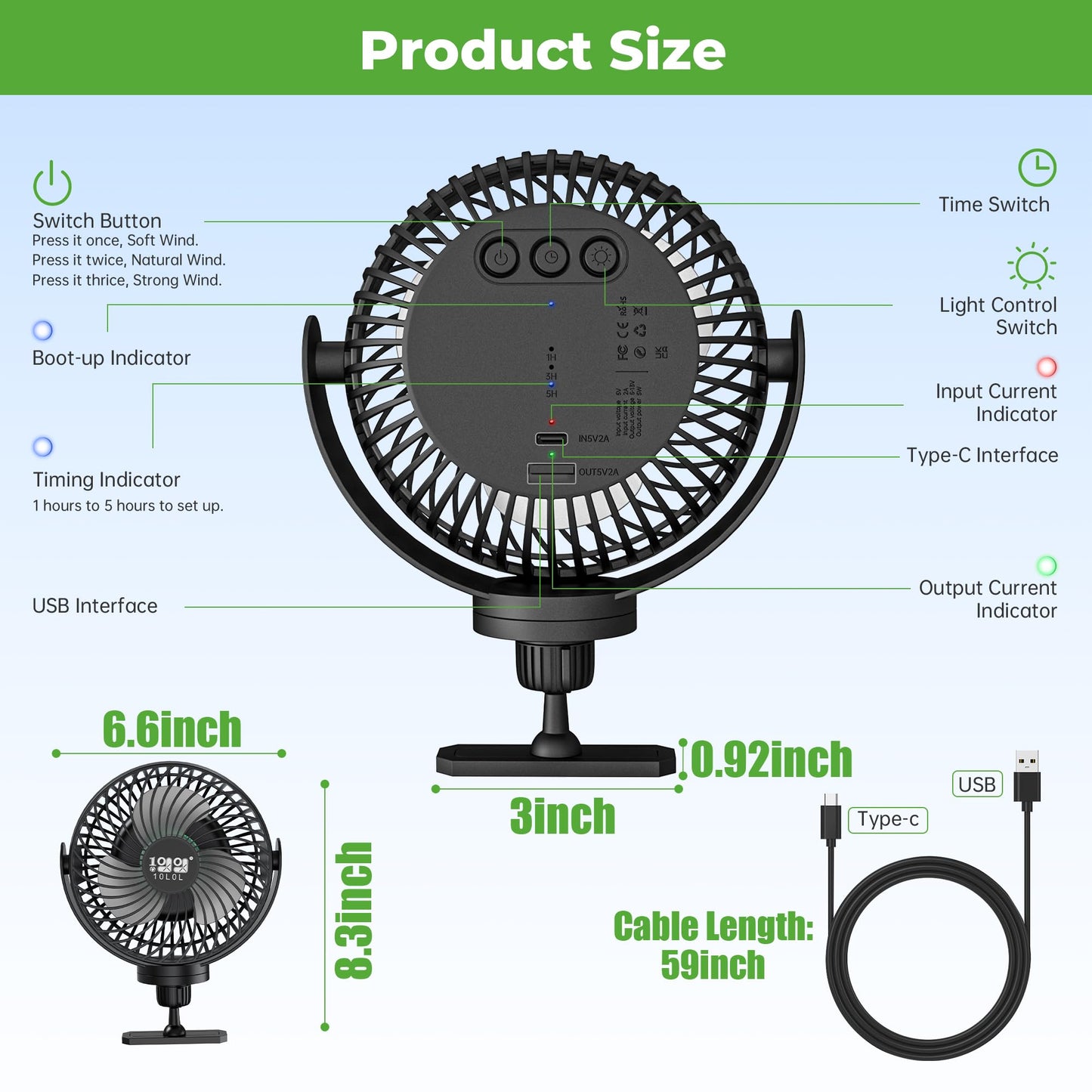 10L0L Magnetic Golf Cart Fan Rechargeable 10000mAh Battery Powered Fan with Light, Magnetic Base,3 Speeds/56 Hrs Runtime/360°Rotatable, Universal for EZGO Club Car Yamaha Summer Golf Cart Accessories