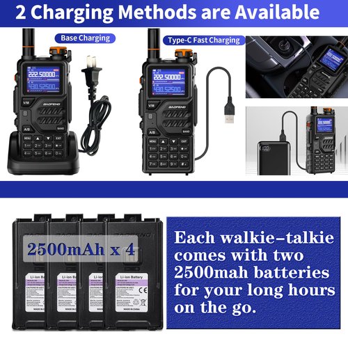 BAOFENG K5PLUS Tri Band Ham Radio Handheld,Walkie Talkies Long Range NOAA Weather Receiver High Power Two Way Radios with One Key Frequency Match,USB C Charger,999CH with Extra 2500mAh Battery 2 Pack
