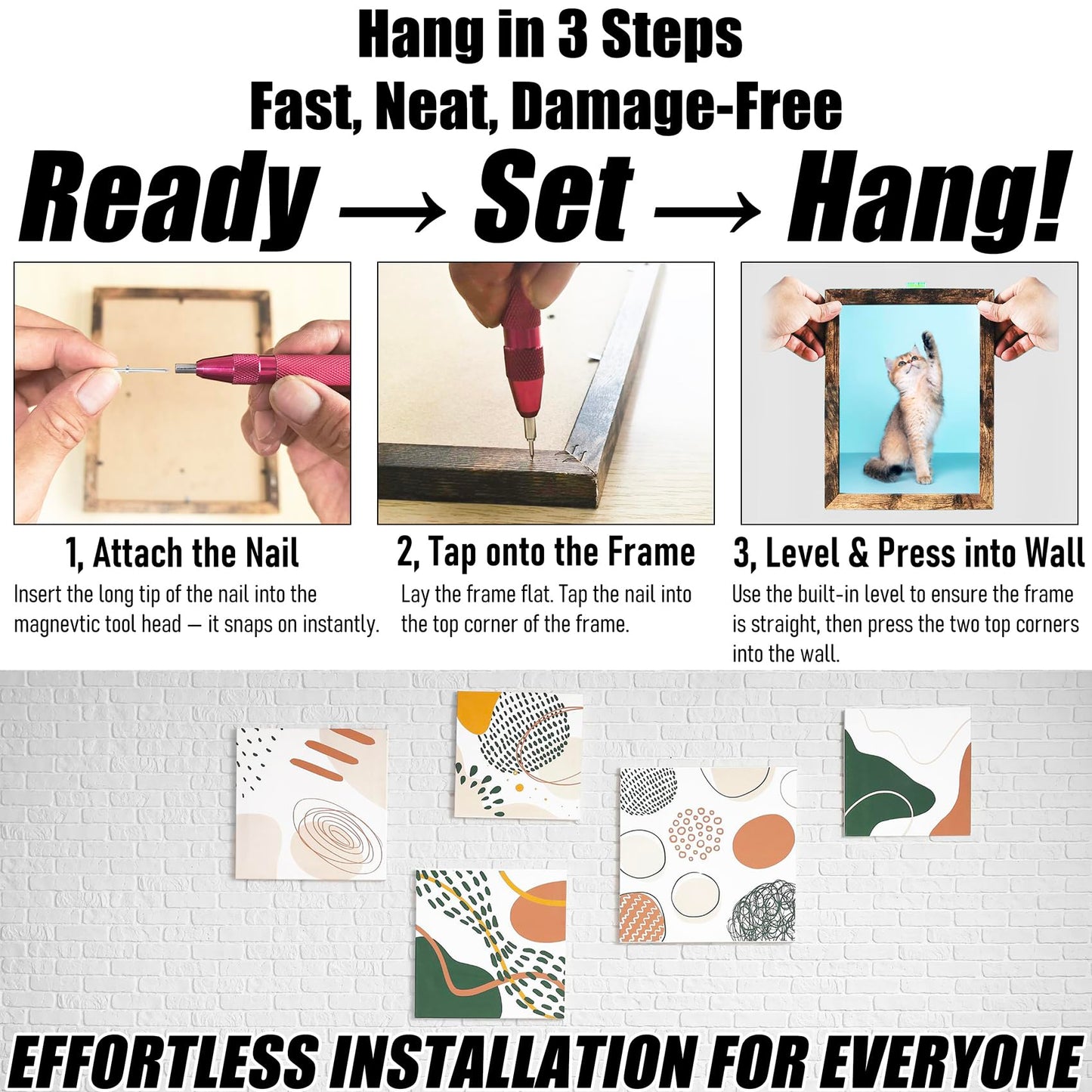 Quick Picture Hanging Tool Kit with Magnetic Handle & Level – Secure on Drywall/Wood Walls in Seconds – for Canvas, Photos, Wood Frames (40 Nails)