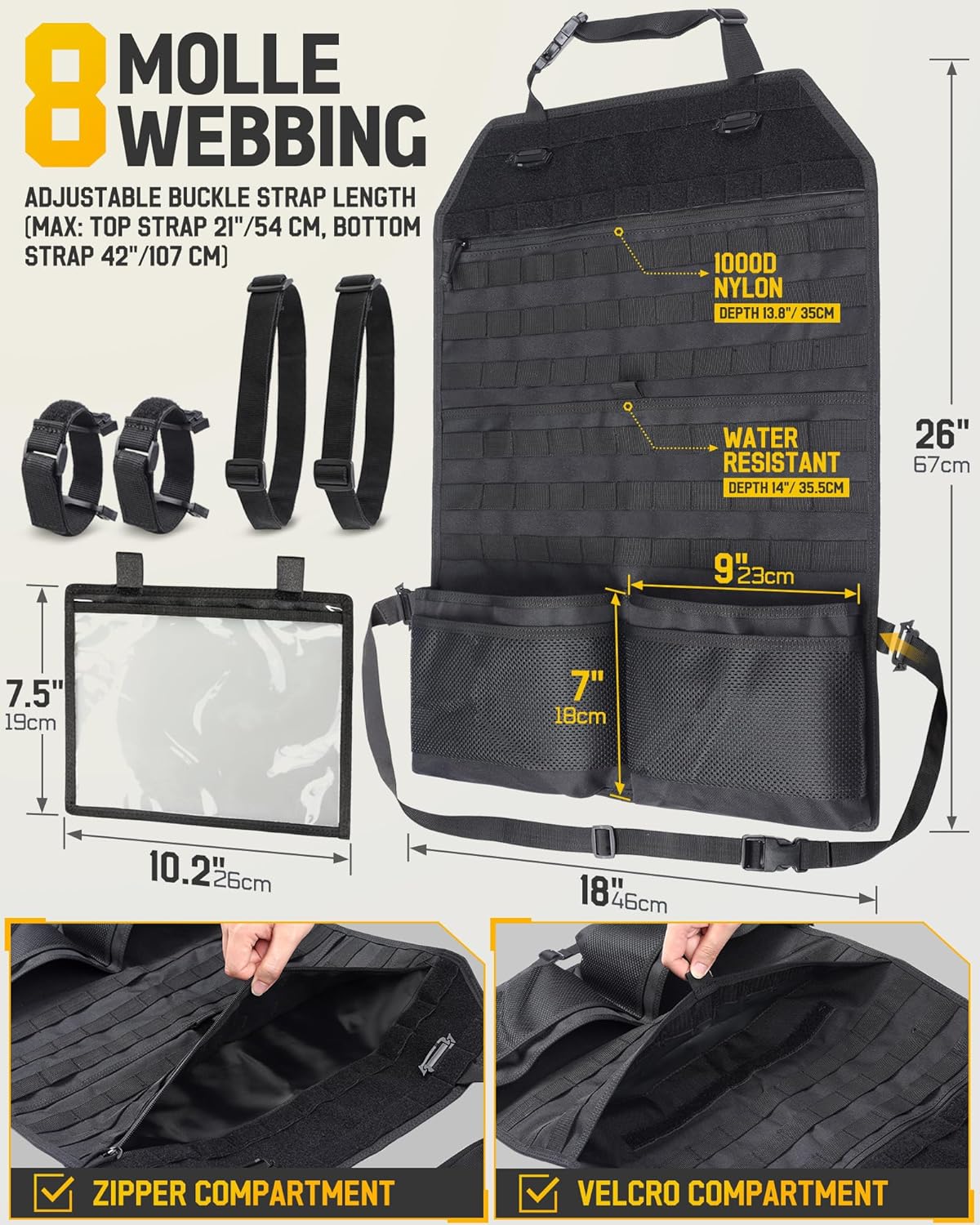 WYNEX Car Seat Organizer - Molle Backseat Cover with Visual Pocket & Sling Rack | Fits F150, Jeeps, Trucks