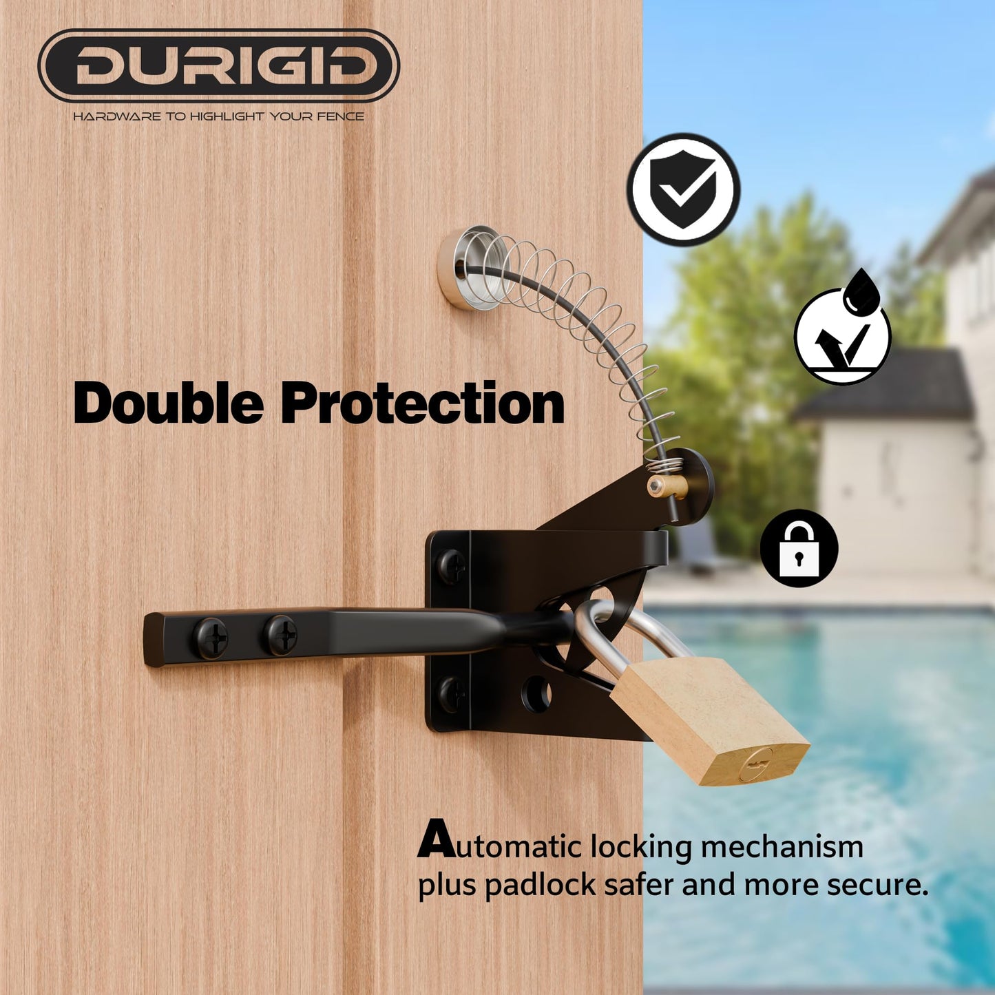 DURIGID Self Closing Fence Gate Latches with Spring Cable, Fingertip Release Gate Latch for Wooden Fence, Vinyl Door, Aluminum Gate, 1 Pack, Black