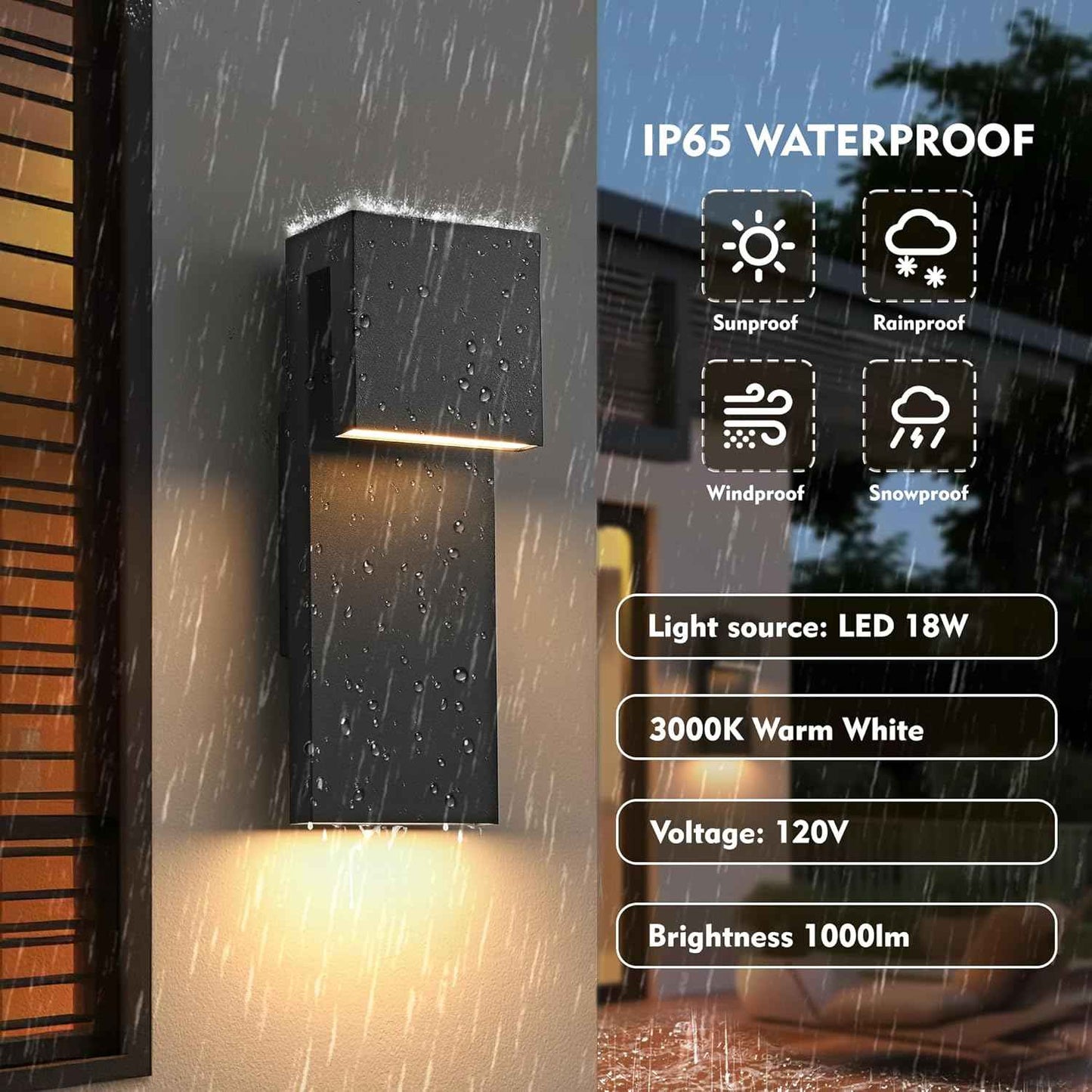 LED Outdoor Wall Sconce 3000K - Waterproof 18W Black Porch Light Fixture for Garage & Balcony
